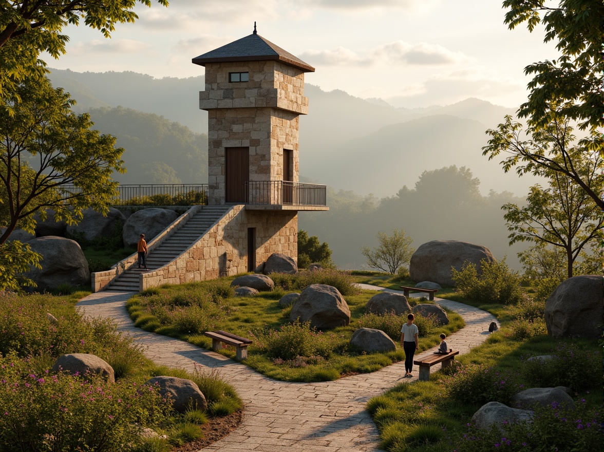 Prompt: Rustic sandstone watching tower, winding stone staircases, lush greenery, vibrant wildflowers, meandering gravel paths, natural rock formations, weathered wooden benches, scenic lookout points, panoramic views, warm golden lighting, soft focus, shallow depth of field, 2/3 composition, atmospheric mist, realistic textures, ambient occlusion.