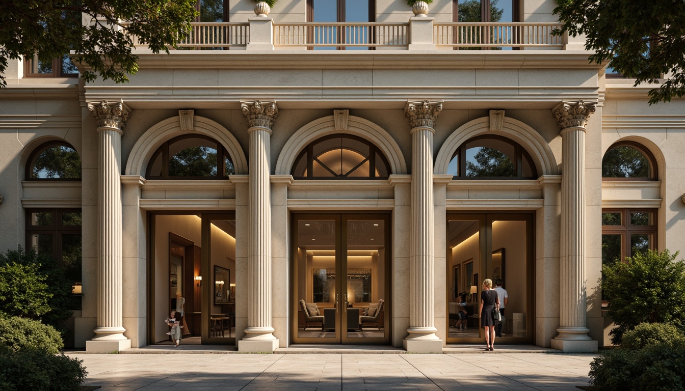 Prompt: Grandiose laboratory building, neoclassical facade, ornate columns, intricate carvings, symmetrical composition, grand entrance, bronze doors, elegant archways, limestone walls, subtle texture, soft warm lighting, shallow depth of field, 1/1 composition, realistic render, ambient occlusion, subtle color palette, earthy tones, scientific equipment, futuristic details, minimalist decor, sleek lines, modernist influences.