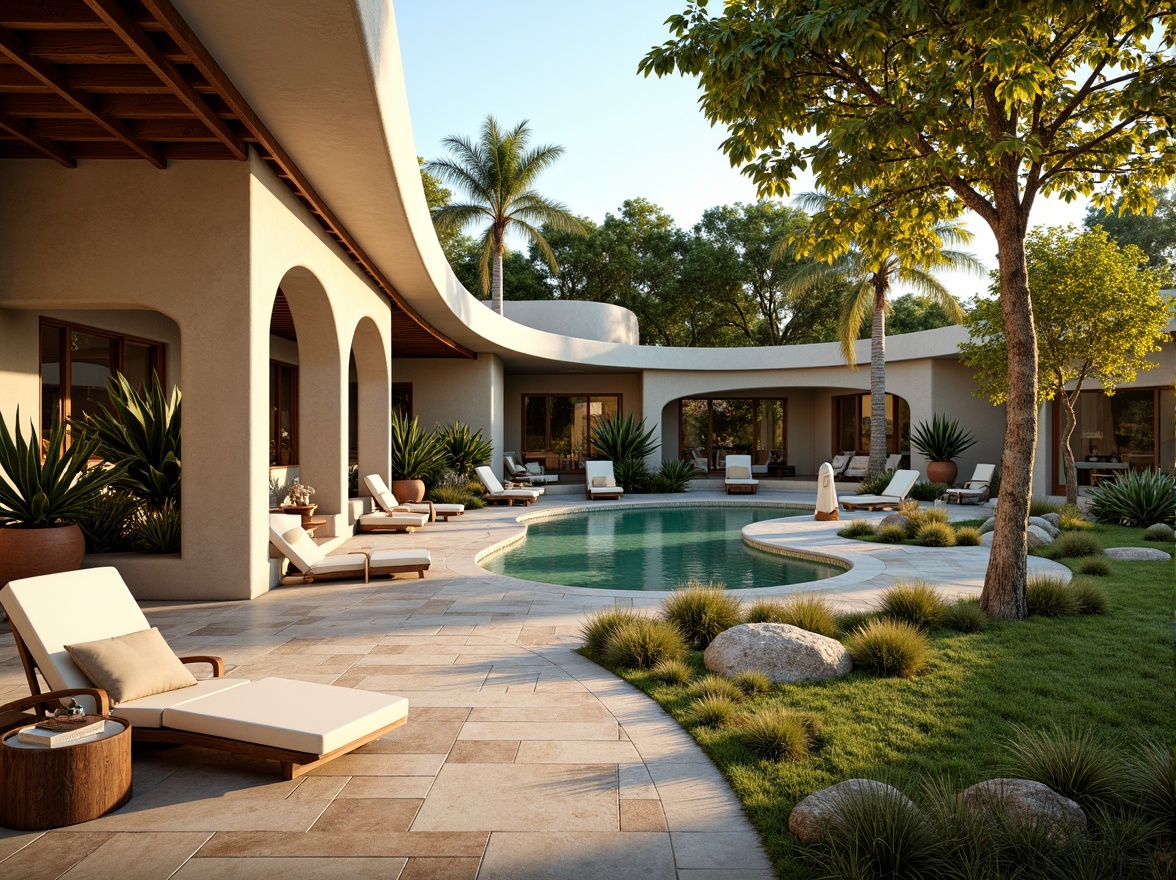 Prompt: Earthy villa, organic curves, natural stone walls, wooden accents, lush green roofs, vibrant turquoise pools, warm beige stucco, rustic terracotta tiles, soft sage landscaping, whimsical water features, meandering pathways, eclectic furniture, bohemian textiles, abstract sculptures, dappled shade, warm golden lighting, shallow depth of field, 1/1 composition, intimate atmosphere, realistic materials, ambient occlusion.