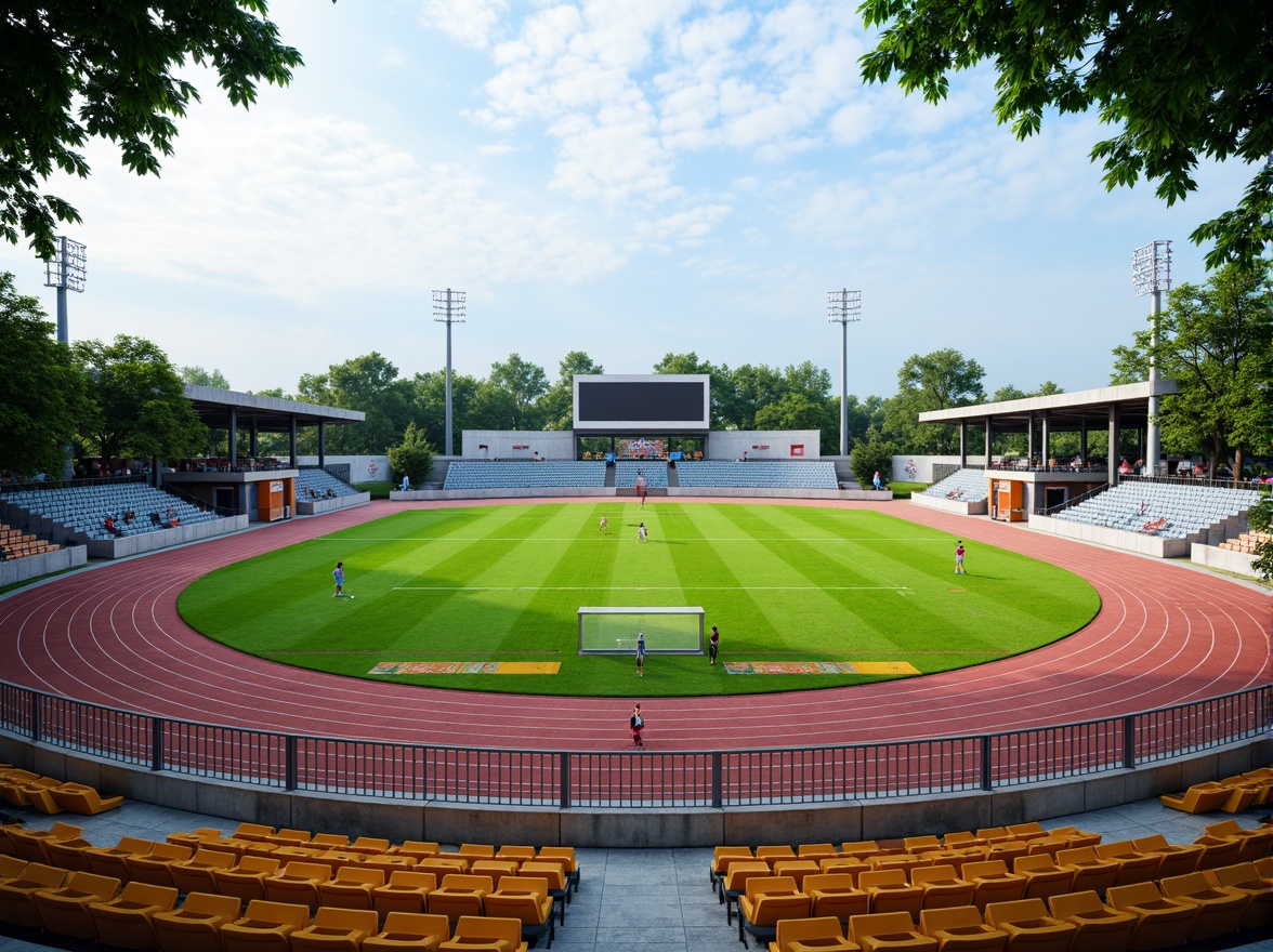 Prompt: Natural grass turf, athletic track lanes, sports equipment, goalposts, stadium seating, vibrant team colors, modern LED scoreboards, sleek metal railings, rubberized flooring, textured concrete walls, dynamic lighting systems, misting cooling systems, shaded spectator areas, 3/4 composition, panoramic view, realistic textures, ambient occlusion.