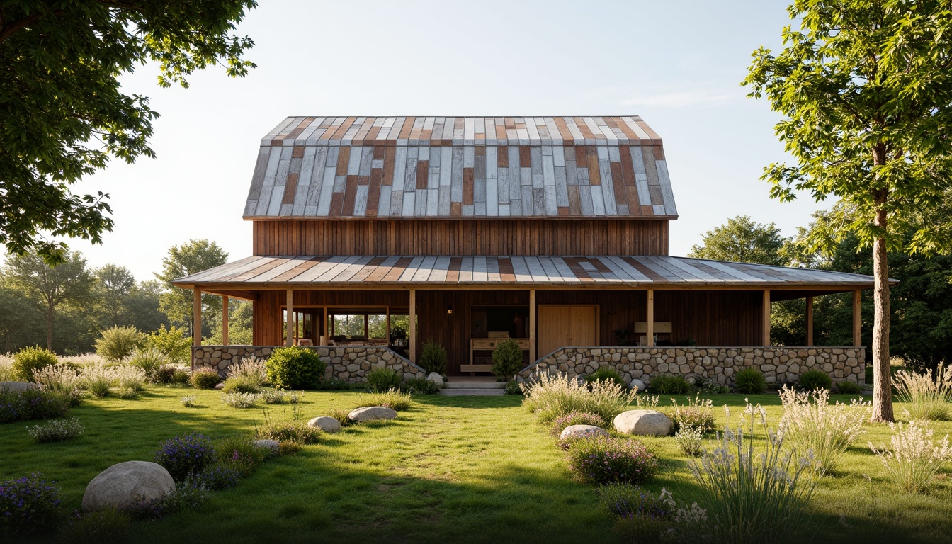 Prompt: Rustic barn, reclaimed wood, earthy tones, natural materials, weathered metal roofs, wooden beams, stone foundations, lush greenery, wildflowers, sunny day, soft warm lighting, shallow depth of field, 3/4 composition, panoramic view, realistic textures, ambient occlusion, eco-friendly design, sustainable building practices, rainwater harvesting systems, solar panels, wind turbines, composting toilets, recycled materials, low-carbon footprint, organic farm-to-table concept.