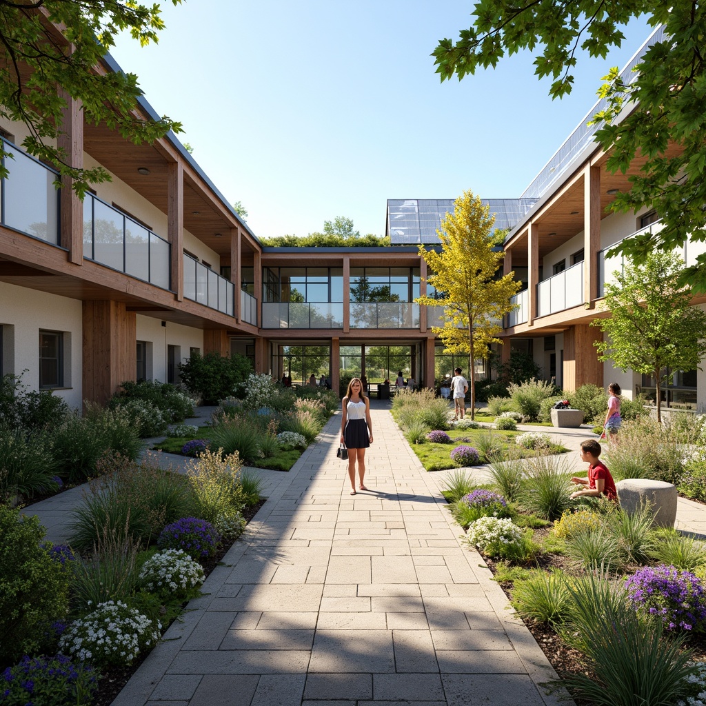 Prompt: Vibrant middle school courtyard, lush green roofs, native plant species, rainwater harvesting systems, solar panels, wind turbines, eco-friendly materials, natural stone walkways, modern sustainable architecture, large windows, glass doors, blooming trees, sunny day, soft warm lighting, shallow depth of field, 3/4 composition, panoramic view, realistic textures, ambient occlusion, outdoor classrooms, educational signage, interactive exhibits, butterfly gardens, birdhouses, composting areas, recycling facilities, shaded outdoor spaces, misting systems.