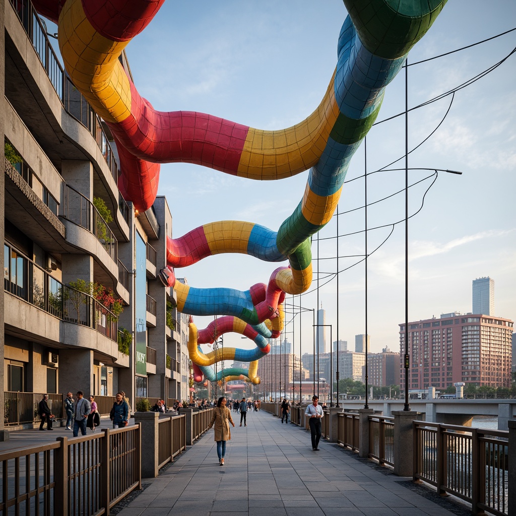 Prompt: Vibrant pedestrian bridge, irregular shapes, bold colors, dynamic curves, fragmented forms, playful textures, exposed ductwork, industrial materials, steel beams, concrete pillars, cable-stayed systems, suspension cables, abstract sculptures, urban landscape, bustling cityscape, morning fog, warm sunlight, shallow depth of field, 1/2 composition, symmetrical framing, high-contrast lighting, realistic reflections.