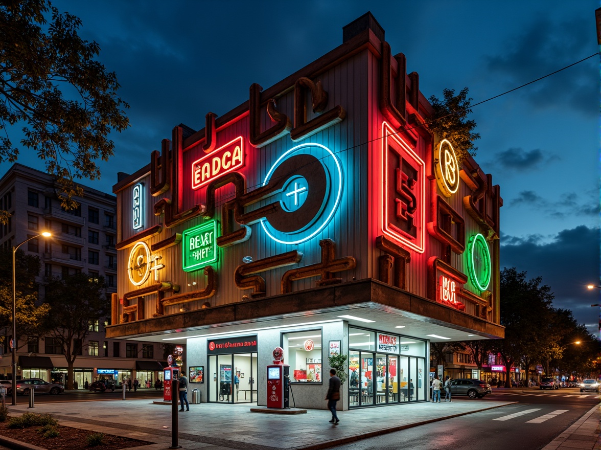 Prompt: Vibrant gas station, eclectic facade design, bold color scheme, irregular shapes, mixed materials, industrial pipes, neon signs, retro-futuristic elements, distressed textures, urban landscape, busy streets, city lights, dramatic night lighting, high-contrast shadows, dynamic composition, 1/2 format, cinematic atmosphere, realistic reflections.