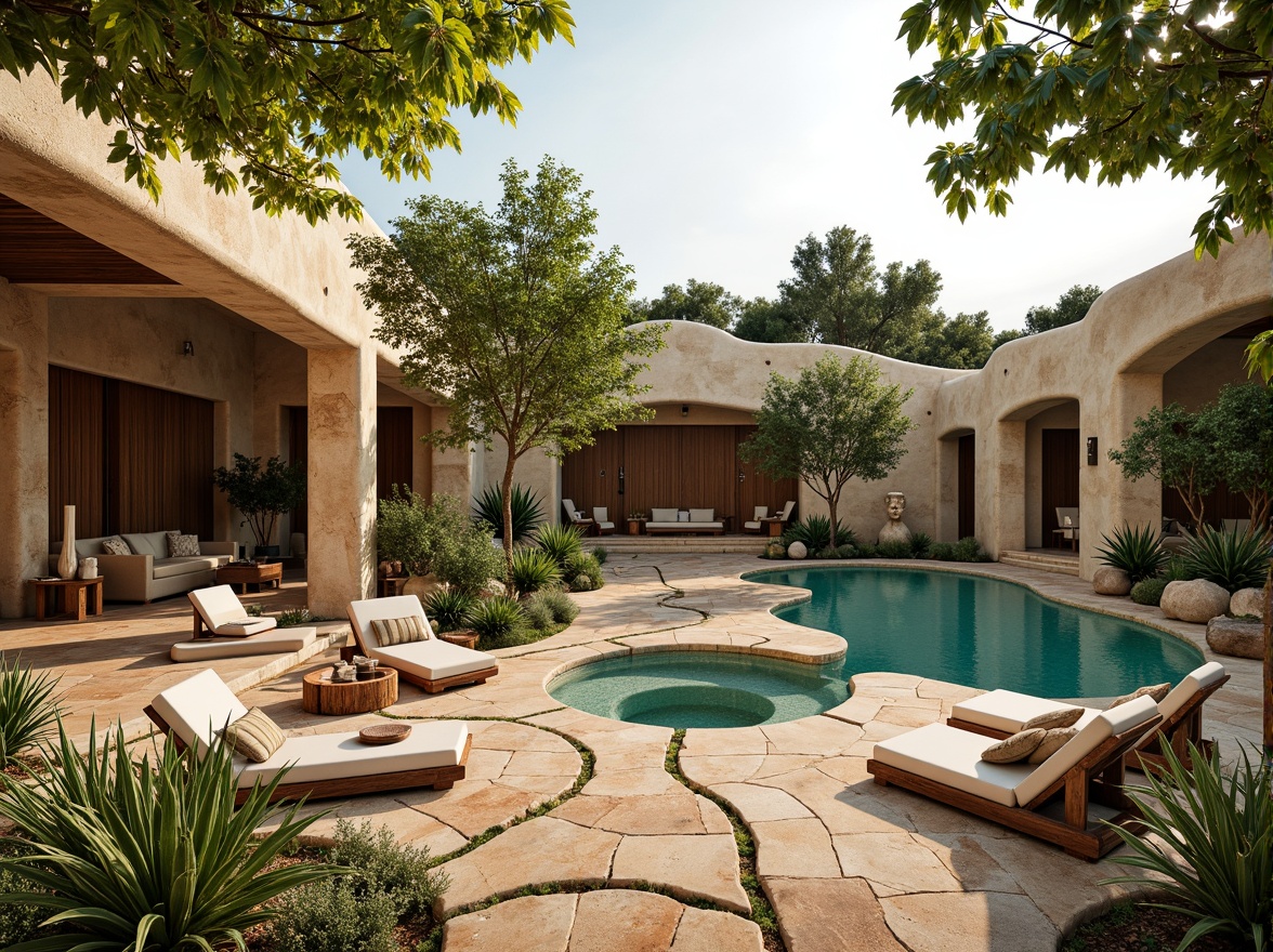 Prompt: Earthy villa, organic curves, natural stone walls, wooden accents, lush green roofs, vibrant turquoise pools, warm beige stucco, rustic terracotta tiles, soft sage landscaping, whimsical water features, meandering pathways, eclectic furniture, bohemian textiles, abstract sculptures, dappled shade, warm golden lighting, shallow depth of field, 1/1 composition, intimate atmosphere, realistic materials, ambient occlusion.