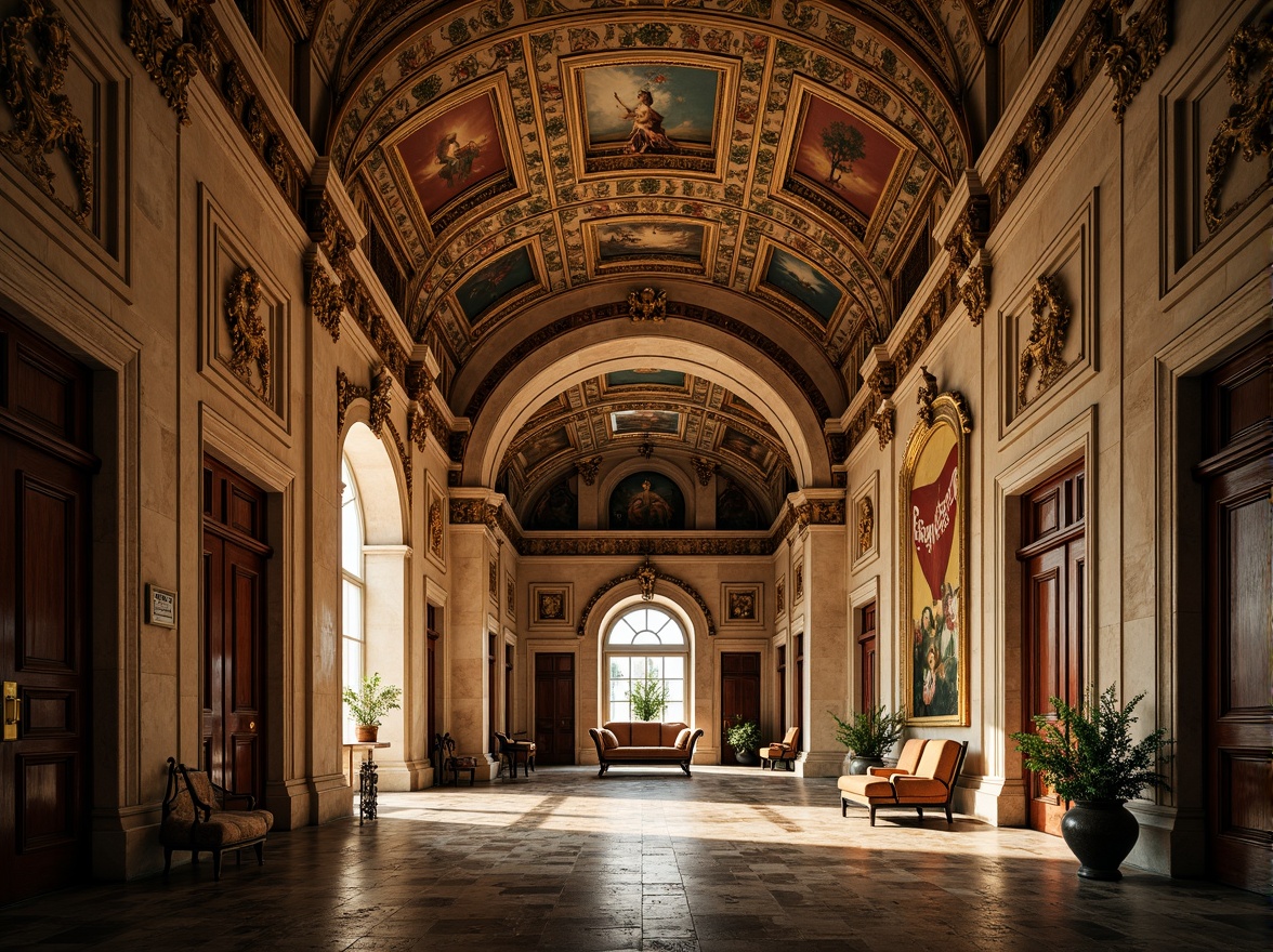 Prompt: Ornate Baroque palace, grandiose high ceilings, intricate plaster moldings, ornamental frescoes, gilded details, marble columns, Tuscan arches, rusticated quoins, carved wooden doors, polished stone floors, dramatic chiaroscuro lighting, warm golden tones, richly textured fabrics, lavish furnishings, 1/2 composition, symmetrical framing, soft focus effect, realistic material rendering.