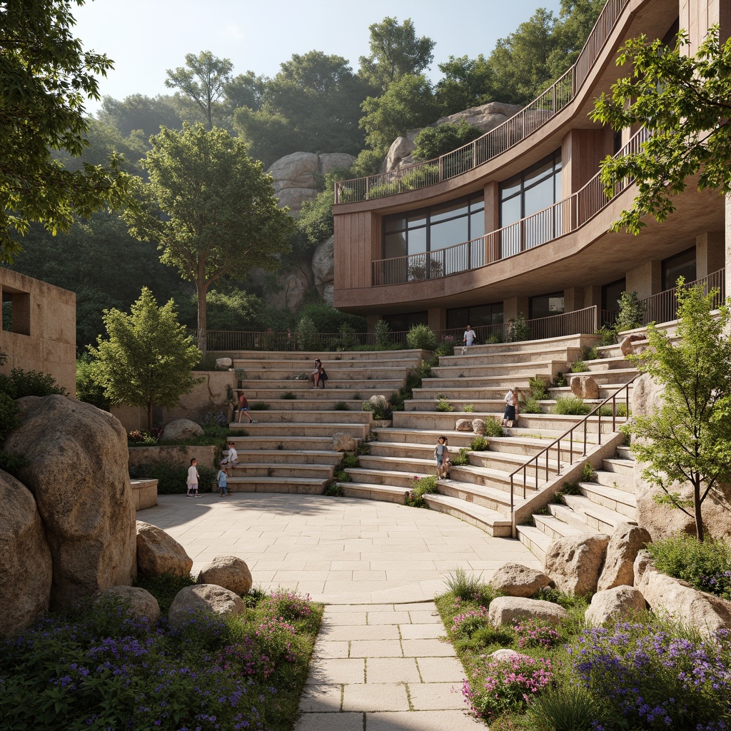 Prompt: Amphitheater-inspired constructivist architecture, grandiose stone steps, curved seating areas, ornate metal railings, lush greenery, vibrant flowers, natural rock formations, rustic wooden accents, earthy color palette, warm sunny day, soft diffused lighting, shallow depth of field, 3/4 composition, panoramic view, realistic textures, ambient occlusion.