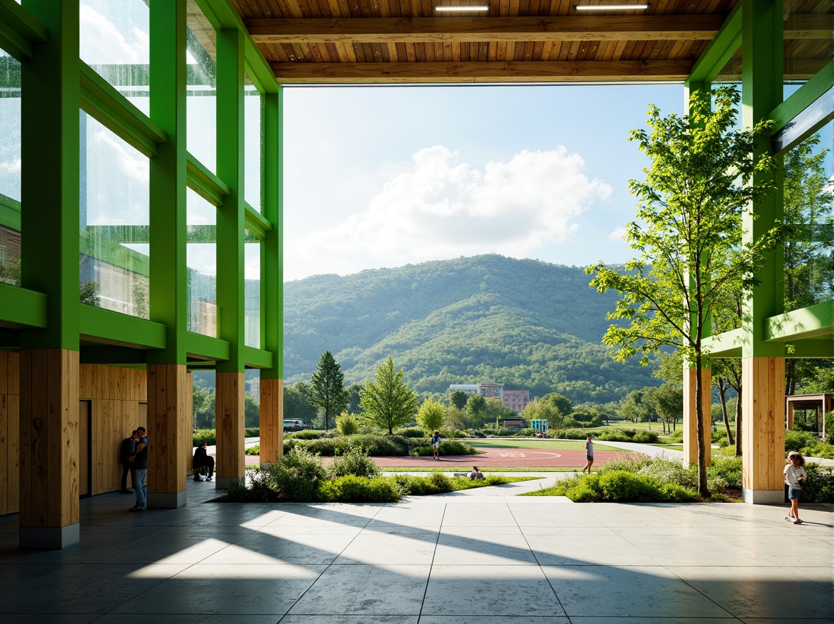 Prompt: Vibrant gymnasium interior, lush green walls, natural stone flooring, wooden accents, floor-to-ceiling windows, abundant daylight, panoramic views, outdoor landscape integration, rolling hills, verdant meadows, serene water features, walking trails, athletic tracks, sports equipment, modern architecture, minimalist design, eco-friendly materials, sustainable energy solutions, solar panels, shaded outdoor spaces, misting systems, realistic textures, ambient occlusion, shallow depth of field, 3/4 composition.