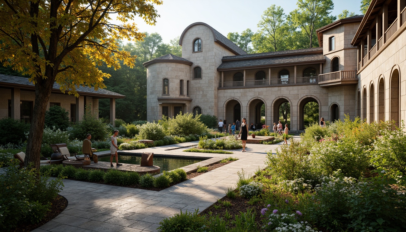 Prompt: Lush greenery, vibrant flowers, rustic stone walls, curved archways, grand amphitheater, Romanesque architecture, ornate carvings, weathered bronze statues, natural stone seating, tiered landscaping, meandering walkways, tranquil water features, soft warm lighting, shallow depth of field, 3/4 composition, panoramic view, realistic textures, ambient occlusion.