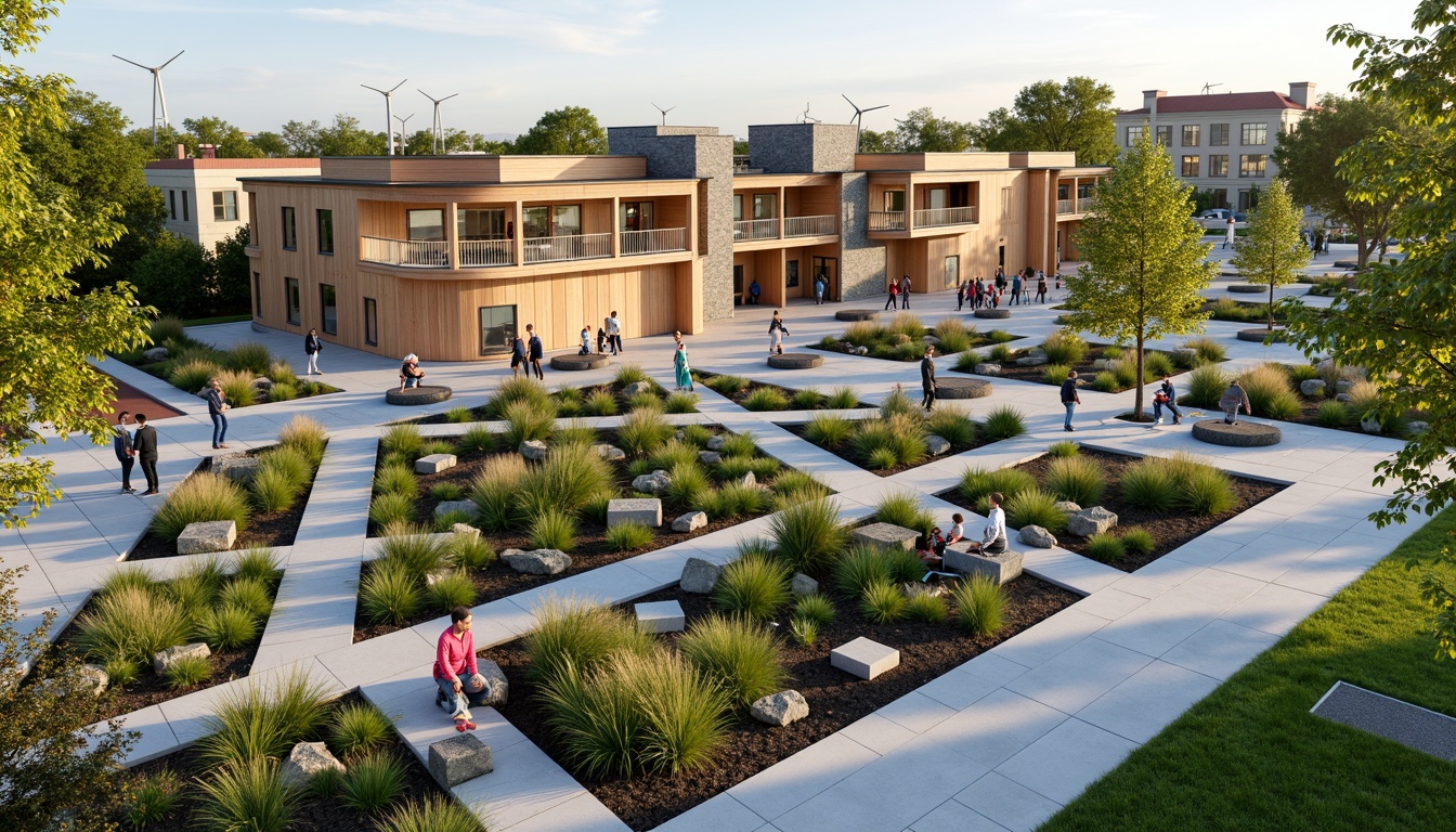 Prompt: Vibrant community center, lush green roofs, native plant species, meandering walking trails, outdoor amphitheater, public art installations, natural stone walls, wooden accents, large windows, clerestory lighting, open floor plans, flexible gathering spaces, educational signage, interactive exhibits, children's play areas, accessible ramps, sustainable building materials, rainwater harvesting systems, solar panels, wind turbines, eco-friendly furniture, colorful textiles, geometric patterns, warm afternoon light, shallow depth of field, 3/4 composition, panoramic view.