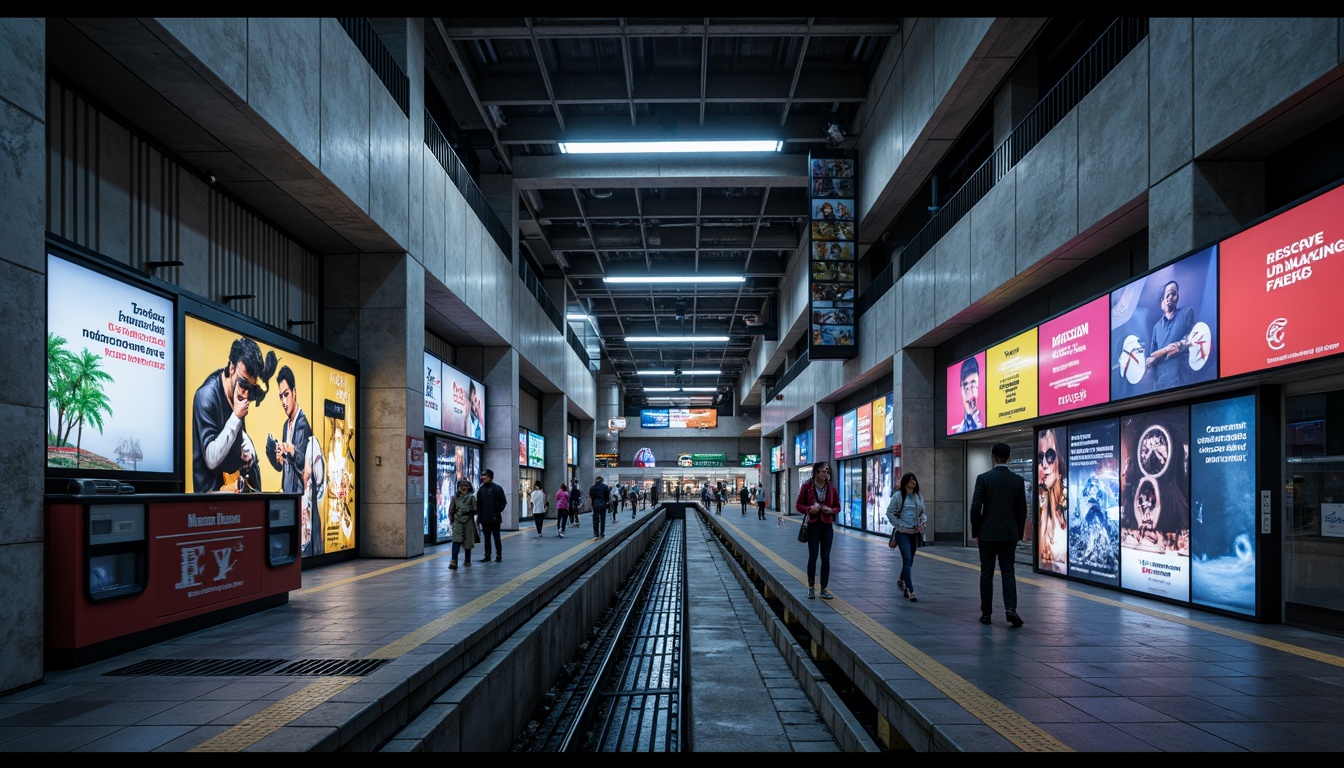 Prompt: Urban metro station, constructivist architecture, geometric shapes, industrial materials, exposed ductwork, metallic beams, concrete columns, vibrant urban art, LED light installations, futuristic ambiance, high-contrast lighting, dramatic shadows, dynamic angles, abstract patterns, brutalist textures, urban jungle atmosphere, rush hour crowds, fast-paced lifestyle, modern transportation hub, efficient infrastructure, sleek signage systems, bold typography, neon advertisements, bustling city sounds, shallow depth of field, 1/2 composition, cinematic view.