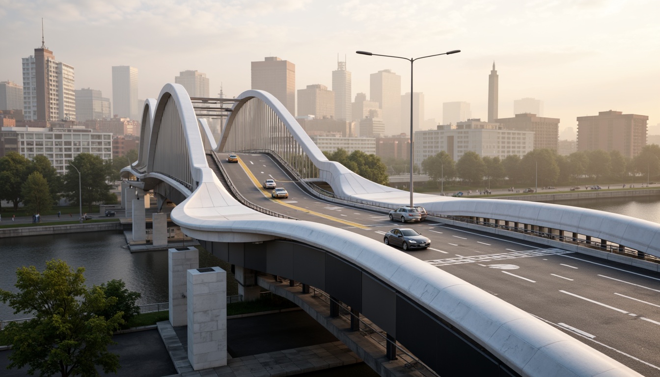 Prompt: Sleek vehicular bridge, curved lines, aerodynamic shape, metallic materials, silver coatings, riveted details, industrial textures, urban cityscape, morning fog, soft warm lighting, shallow depth of field, 1/1 composition, symmetrical view, realistic reflections, ambient occlusion, reinforced concrete piers, cantilevered sections, suspension cables, roadway markings, pedestrian walkways, modern streetlights.