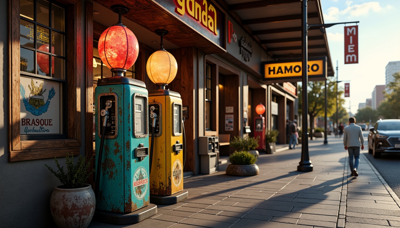 Prompt: Retro-style gas pumps, eclectic architecture, bold color schemes, vintage signage, distressed textures, rusty metal accents, reclaimed wood elements, industrial lighting fixtures, urban cityscape, busy streets, morning sunlight, shallow depth of field, 1/2 composition, realistic reflections, ambient occlusion, neon signs, nostalgic typography, ornate details, Art Deco influences, steampunk inspirations.