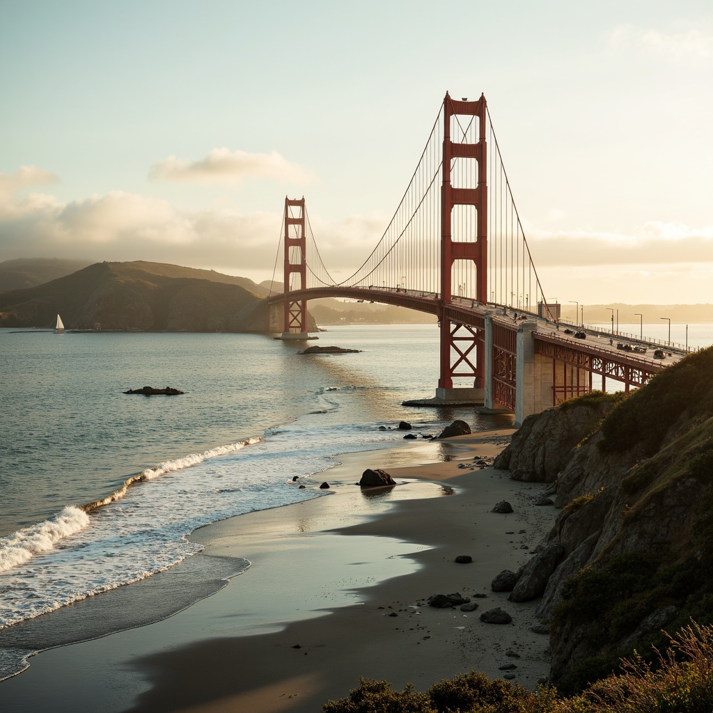 Prompt: Scenic coastal bridge, gentle ocean waves, sandy beach shores, rocky cliffs, misty morning fog, warm golden lighting, modern suspension design, sleek steel cables, sturdy pillars, pedestrian walkways, cyclist lanes, vehicular traffic flow, nautical-themed railings, weathered wooden planks, driftwood accents, seagull silhouettes, sailboat reflections, 1/2 composition, atmospheric perspective, soft focus blur, realistic water simulations.