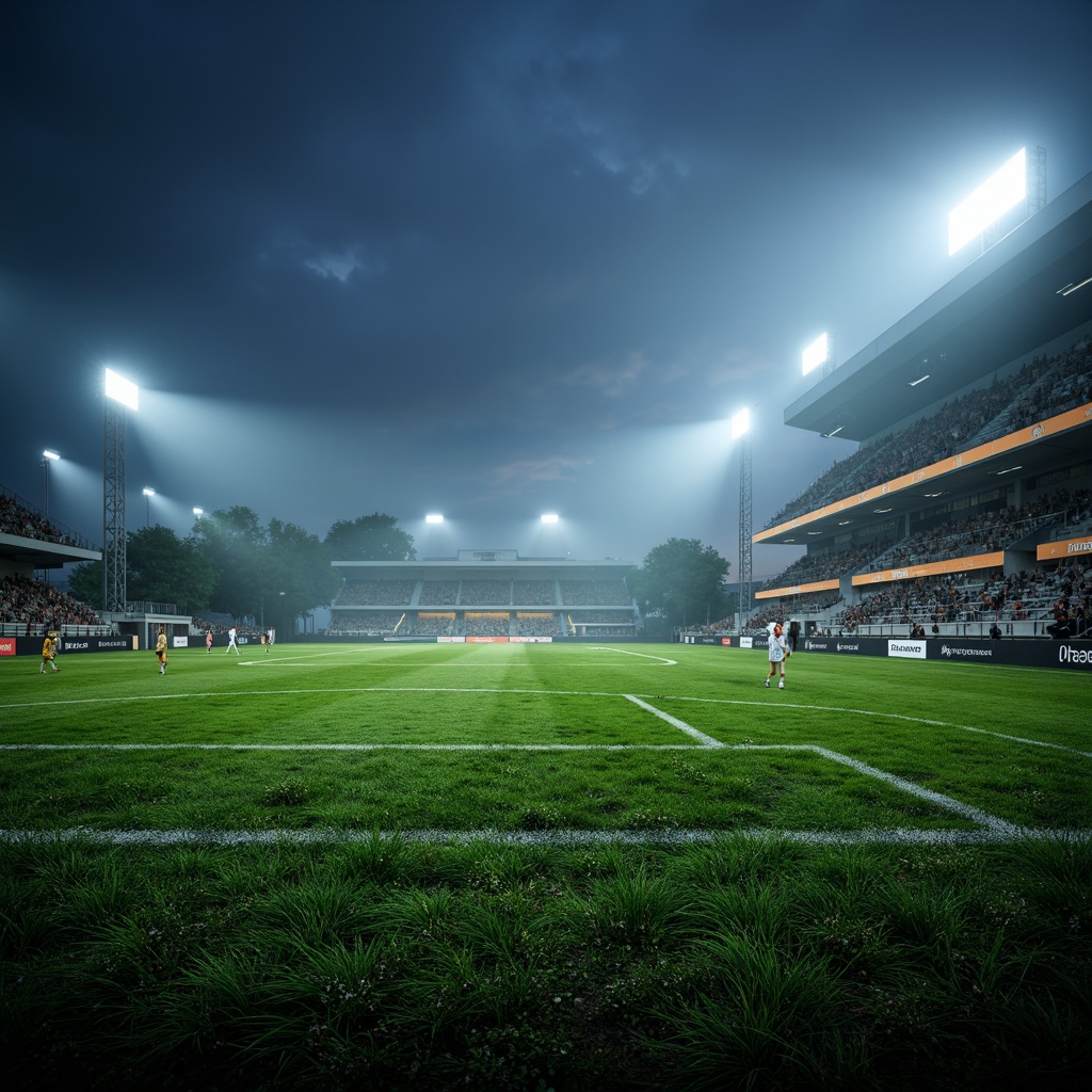 Prompt: Stadium atmosphere, lush green grass, athletic tracks, sports equipment, goalposts, floodlights, LED lighting, warm color temperature, high-contrast ratio, dramatic shadows, dynamic movement, fast-paced action, evening games, misty night air, 1/2 composition, low-angle shot, realistic textures, ambient occlusion.