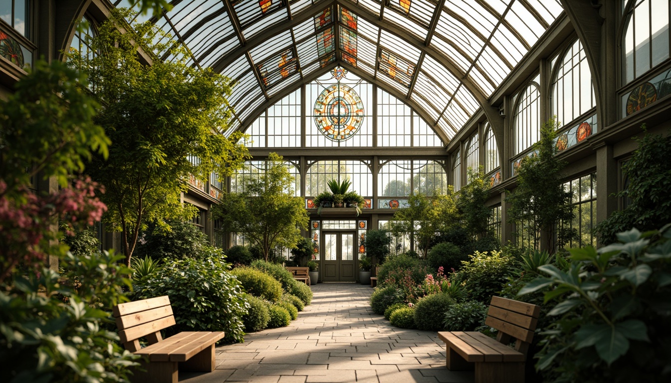 Prompt: Intricate Art Nouveau greenhouse, lush greenery, exotic plants, ornate metal framework, stained glass windows, vibrant floral patterns, soft natural lighting, warm sunny day, gentle misting system, delicate tendrils, curved lines, organic shapes, elegant wooden benches, rustic stone pathways, serene ambiance, shallow depth of field, 1/1 composition, realistic textures, ambient occlusion.