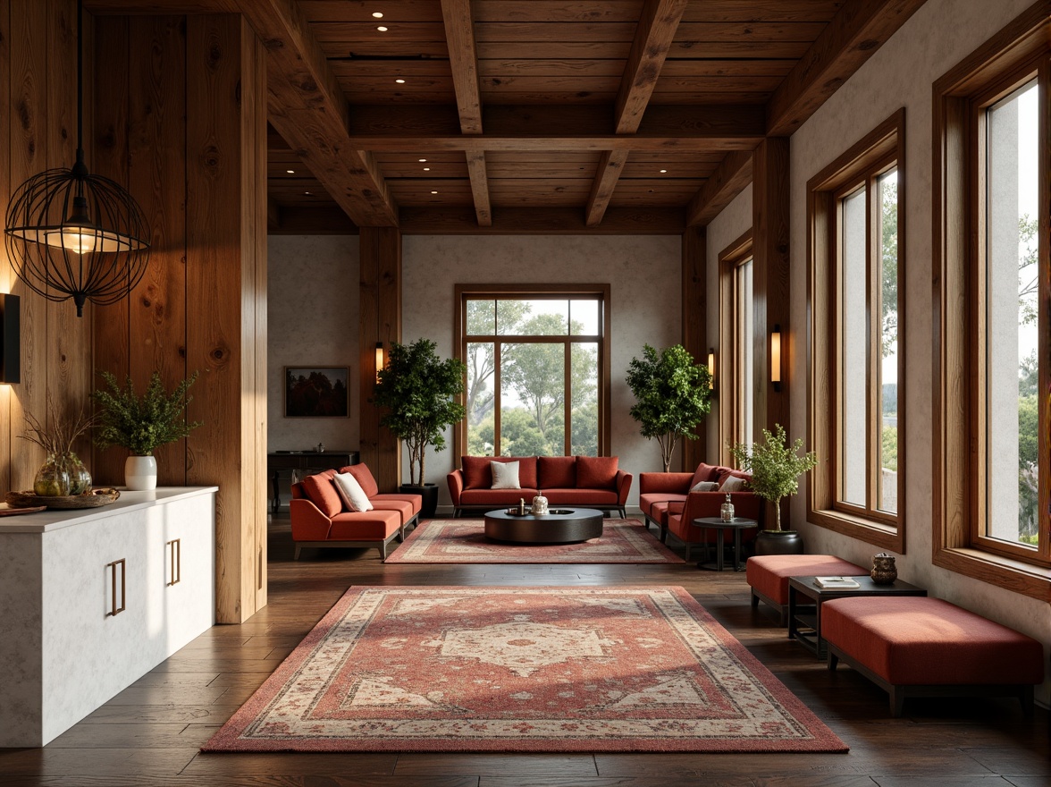 Prompt: Elegant interior space, rich wood accents, luxurious marble countertops, soft warm lighting, plush area rugs, comfortable velvet sofas, natural stone walls, reclaimed wooden floors, metallic decorative fixtures, earthy color palette, organic textures, subtle patterns, harmonious balance, 1/1 composition, shallow depth of field, realistic rendering.