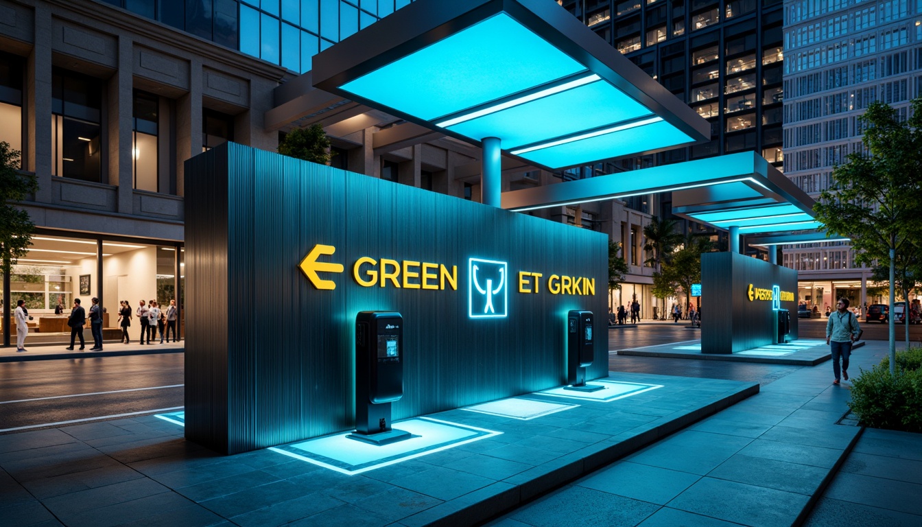 Prompt: Modern charging station, sleek metal design, neon blue accents, LED lighting strips, futuristic architecture, urban cityscape, busy streets, electric vehicle parking, green energy branding, eco-friendly logo, minimalist typography, clean lines, geometric shapes, vibrant color scheme, high-tech atmosphere, dynamic lighting effects, shallow depth of field, 1/1 composition, realistic textures, ambient occlusion.