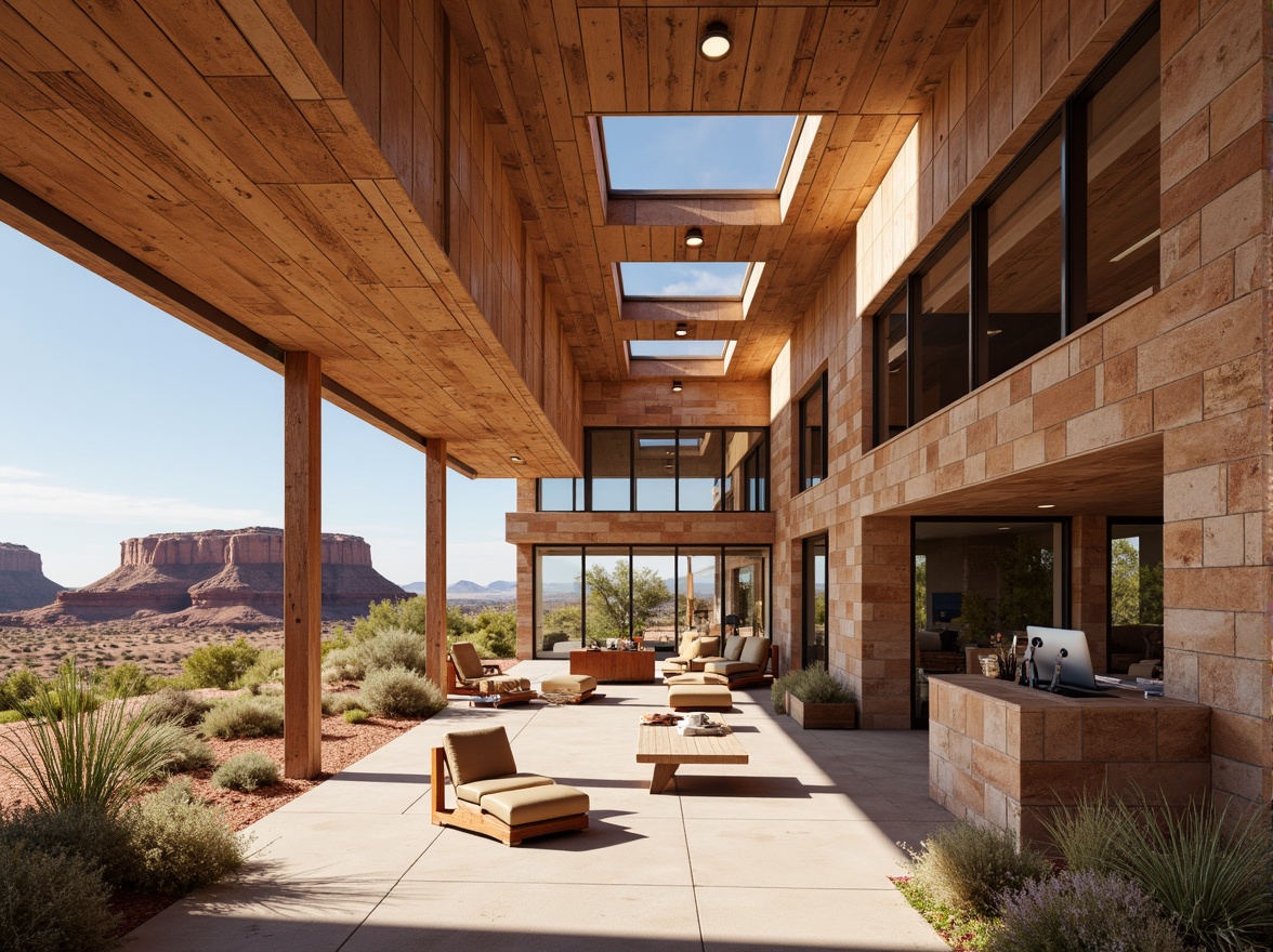 Prompt: Canyon-inspired building, rugged stone fa\u00e7ade, earthy tones, natural light pouring in, large windows, clerestory windows, skylights, open floor plans, minimalist interior design, industrial-style lighting fixtures, exposed ductwork, polished concrete floors, wooden accents, desert landscape views, red rock formations, vast open spaces, warm sunny day, soft diffused lighting, high contrast ratio, 1/1 composition, realistic textures, ambient occlusion.