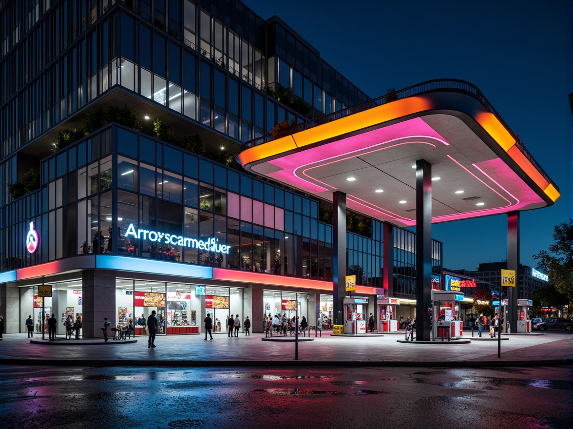 Prompt: Futuristic gas station, constructivist architecture, bold geometric shapes, metallic fa\u00e7ade, neon lights, vibrant colors, angular lines, industrial materials, concrete structures, steel beams, glass canopies, modern fuel pumps, sleek signage, urban cityscape, busy streets, night scene, dramatic lighting, high contrast, 1/2 composition, shallow depth of field, realistic reflections.