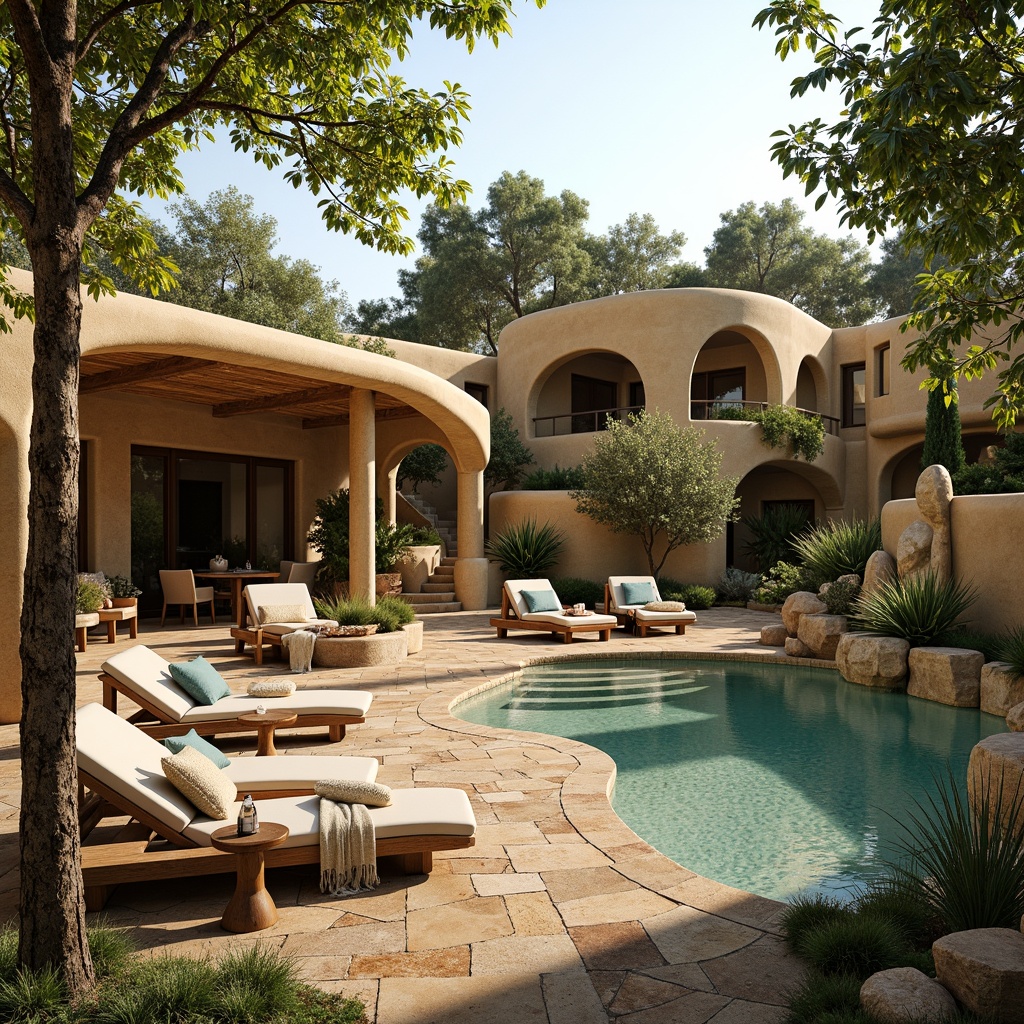 Prompt: Earthy villa, organic curves, natural stone walls, wooden accents, lush green roofs, vibrant turquoise pools, warm beige stucco, rustic terracotta tiles, soft sage landscaping, whimsical water features, meandering pathways, eclectic furniture, bohemian textiles, abstract sculptures, dappled shade, warm golden lighting, shallow depth of field, 1/1 composition, intimate atmosphere, realistic materials, ambient occlusion.