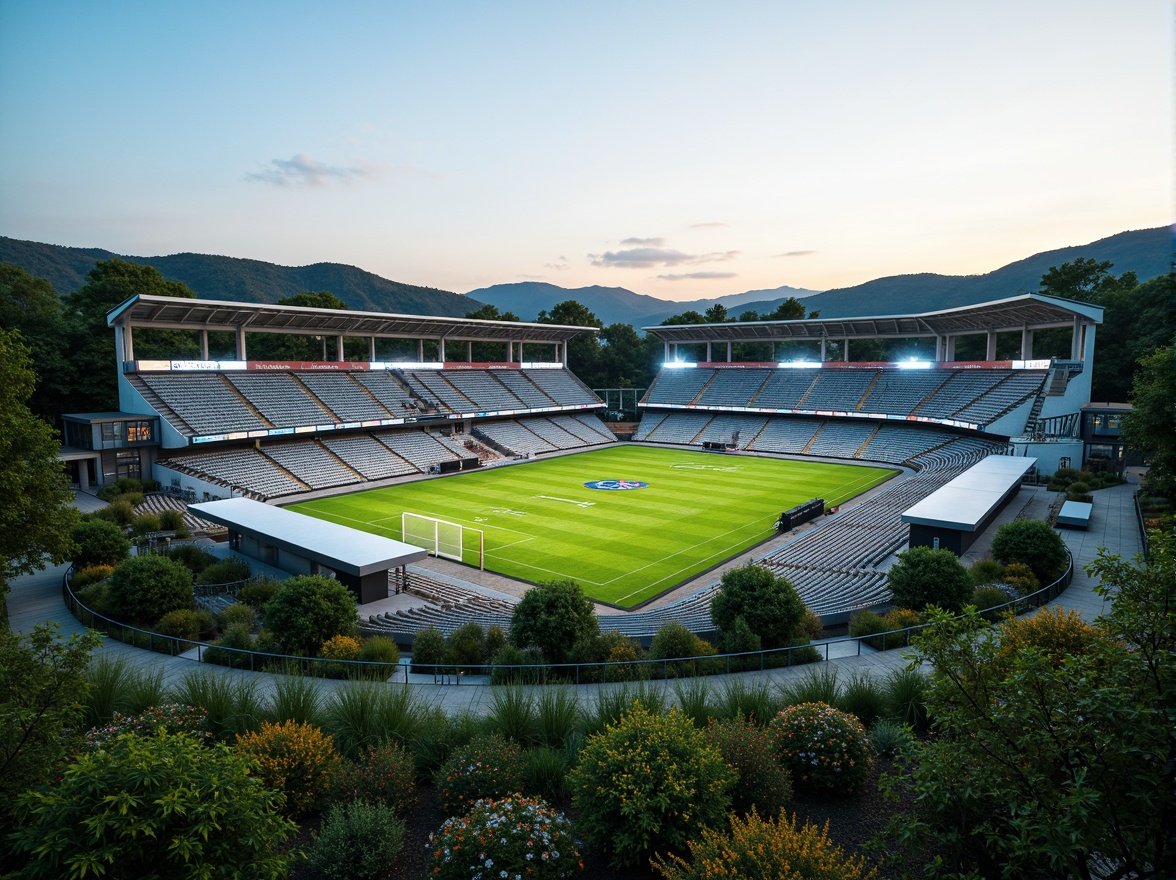 Prompt: Panoramic football stadium, lush green landscape, rolling hills, natural stone seating areas, vibrant flower beds, modern architecture, sleek metal structures, transparent roofs, cantilevered upper decks, dynamic lighting systems, misting systems, shaded spectator zones, eco-friendly materials, sustainable water management, integrated rainwater harvesting, native plant species, curved walkways, grand entrance gates, dramatic evening lighting, shallow depth of field, 3/4 composition, realistic textures, ambient occlusion.