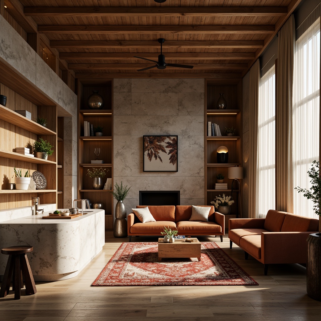 Prompt: Elegant interior space, rich wood accents, luxurious marble countertops, soft warm lighting, plush area rugs, comfortable velvet sofas, natural stone walls, reclaimed wooden floors, metallic decorative fixtures, earthy color palette, organic textures, subtle patterns, harmonious balance, 1/1 composition, shallow depth of field, realistic rendering.