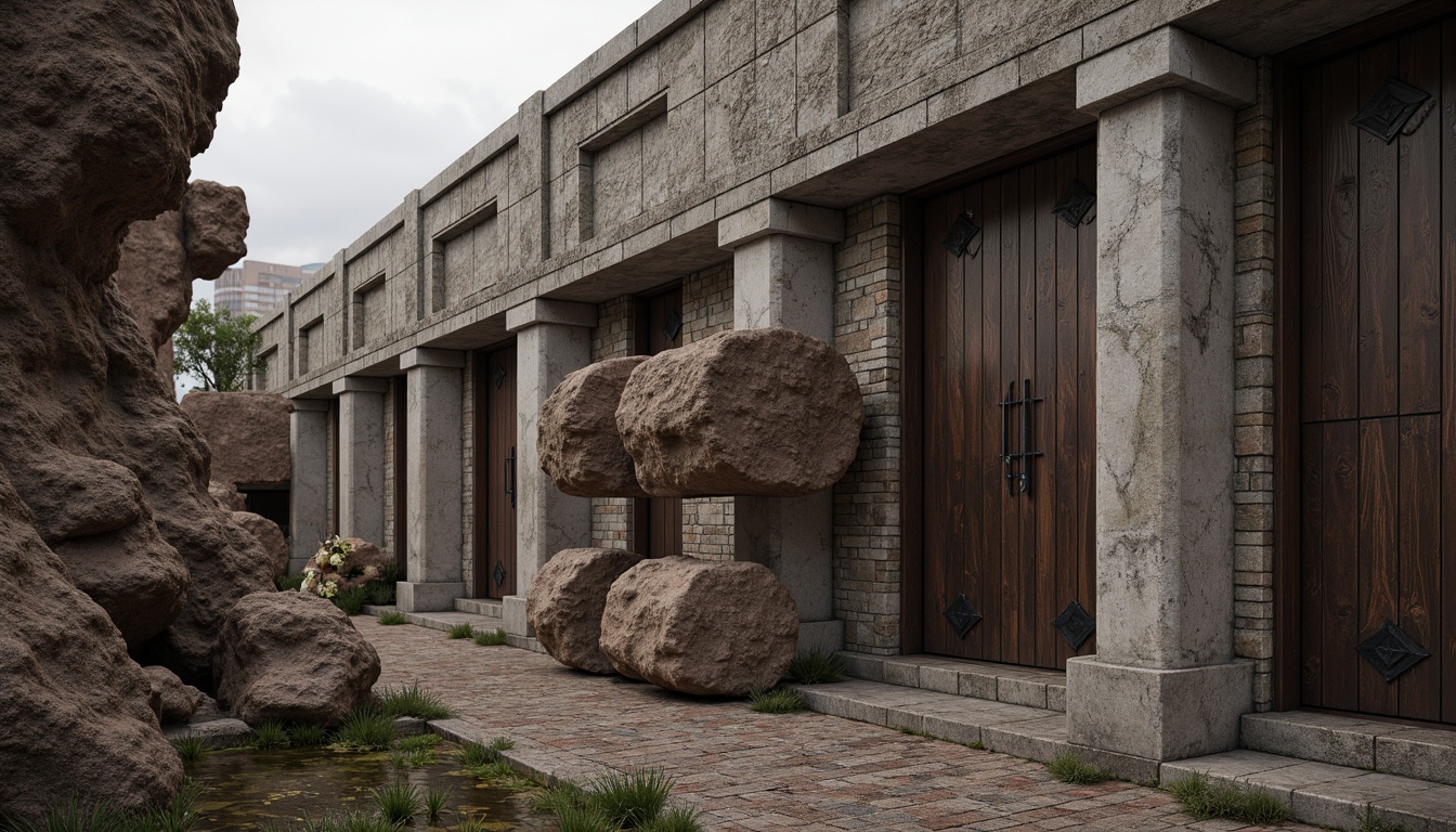 Prompt: Rustic stone walls, weathered wooden planks, rough-hewn concrete columns, tactile brick facades, ornate metalwork, intricate stonework patterns, natural rock formations, earthy tones, organic shapes, brutalist architecture, industrial chic aesthetic, urban landscape, overcast sky, dramatic shadows, high-contrast lighting, 1/2 composition, atmospheric perspective, realistic material rendering.