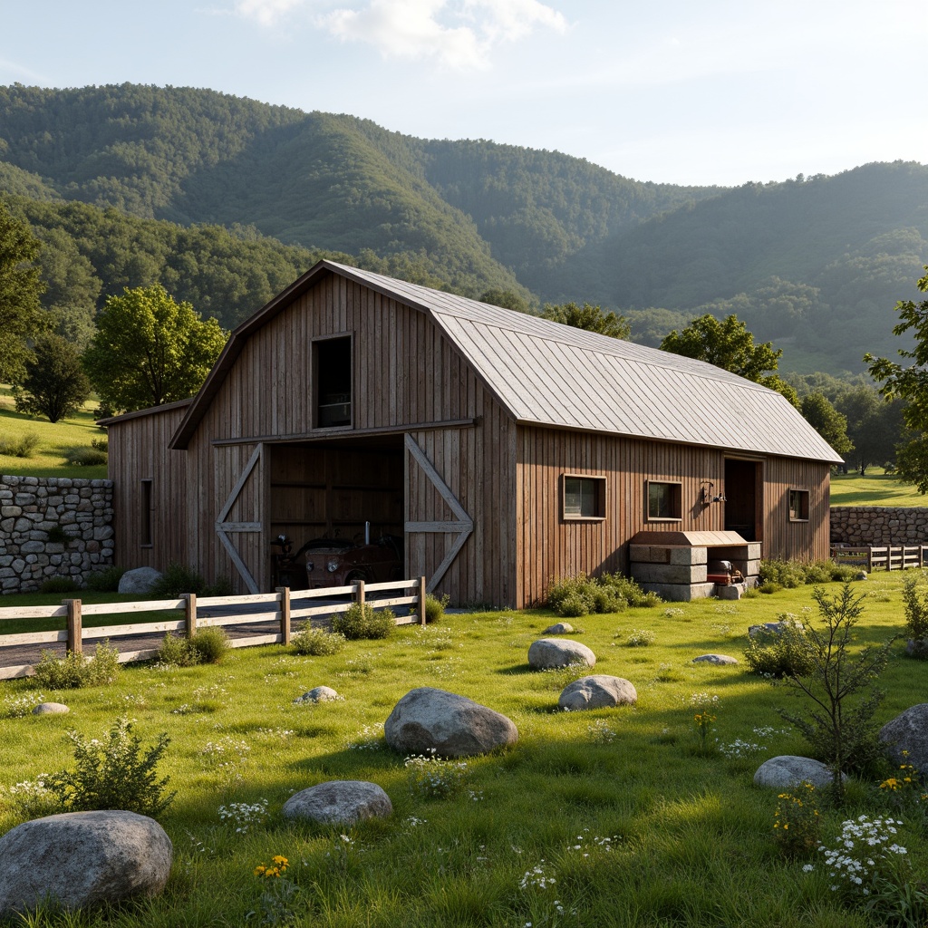 Prompt: Rustic barn, natural surroundings, rolling hills, lush green meadows, wildflowers, wooden fences, stone walls, earthy tones, weathered wood, corrugated metal roofs, sliding barn doors, hayloft windows, vintage farm equipment, rural landscape, serene atmosphere, warm sunlight, soft shadows, 1/2 composition, natural textures, ambient occlusion.