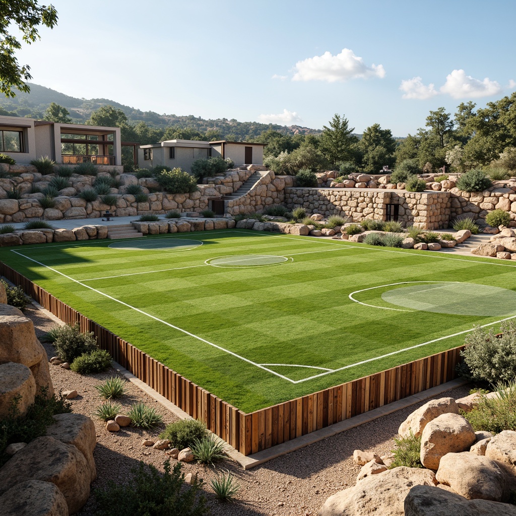 Prompt: Rustic sports field, undulating terrain, natural stone walls, weathered wood fences, vibrant green grass, athletic tracks, soccer goals, basketball hoops, tennis courts, modernist structural elements, exposed steel beams, concrete foundations, geometric shapes, minimalist landscaping, drought-resistant plants, succulent gardens, gravel pathways, sunny day, high-contrast lighting, dramatic shadows, 1/2 composition, wide-angle lens, realistic textures, ambient occlusion.