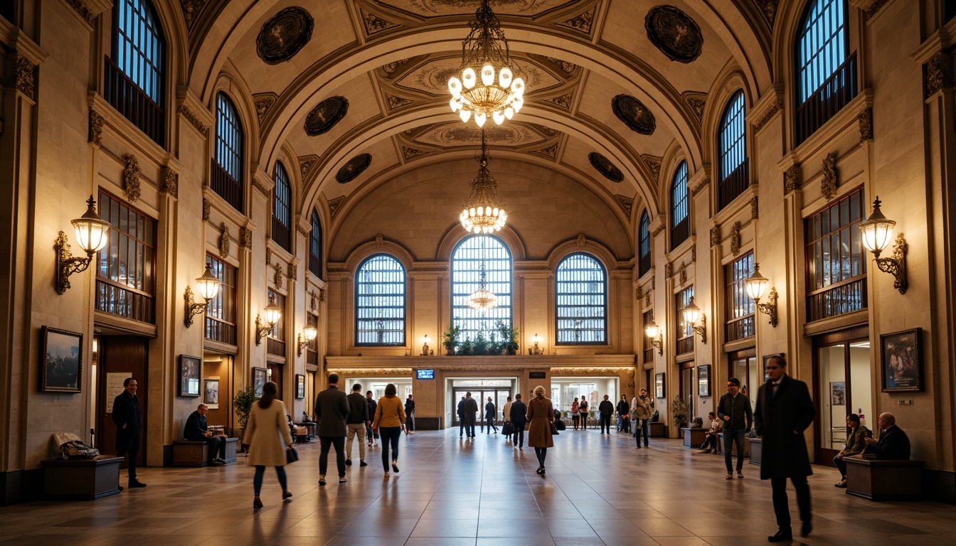 Prompt: Grandiose metro station, academic architectural style, ornate stone facades, arched windows, classical columns, intricate carvings, bronze statues, elegant chandeliers, high ceilings, marble floors, symmetrical composition, warm soft lighting, shallow depth of field, 1/1 aspect ratio, realistic textures, ambient occlusion, urban cityscape, busy streets, modern transportation systems.