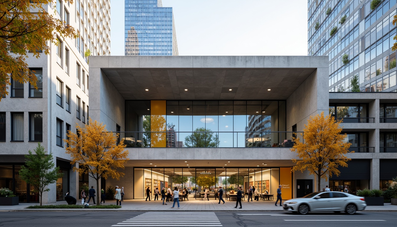 Prompt: Geometric library facade, asymmetrical composition, rectangular forms, industrial materials, steel beams, concrete walls, large glass windows, minimalist ornamentation, functional simplicity, bold color blocking, primary color accents, abstract typography, urban cityscape, busy streets, modernist architecture, clean lines, rectangular shapes, natural light pouring in, high contrast lighting, shallow depth of field, 2/3 composition, realistic textures, ambient occlusion.