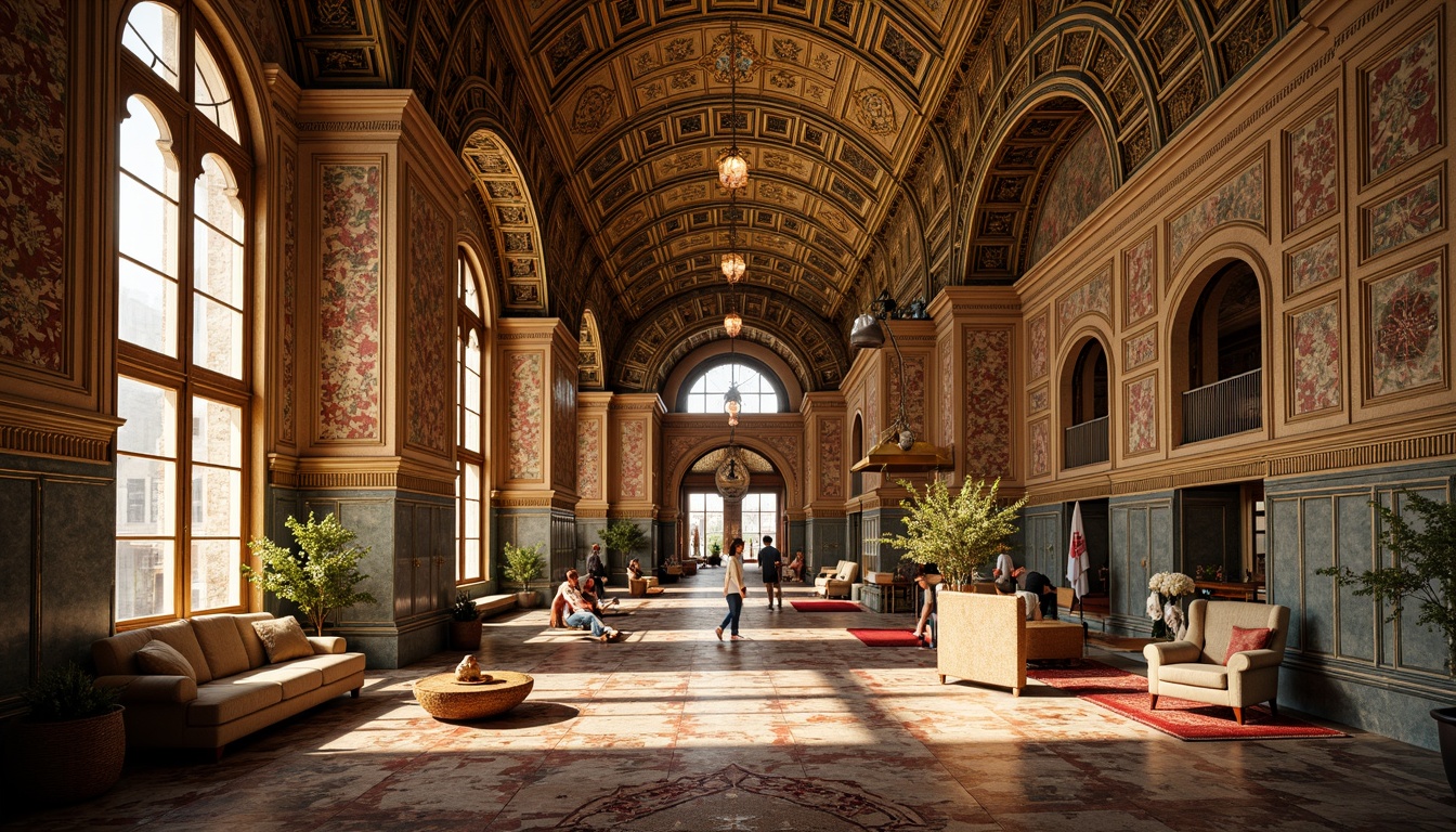 Prompt: Intricate mosaics, golden domes, ornate archways, lavish furnishings, rich textiles, vibrant colors, marble floors, grand chandeliers, high ceilings, ornate columns, intricate carvings, luxurious materials, Byzantine-inspired patterns, regal atmosphere, warm lighting, shallow depth of field, 1/1 composition, realistic textures, ambient occlusion.