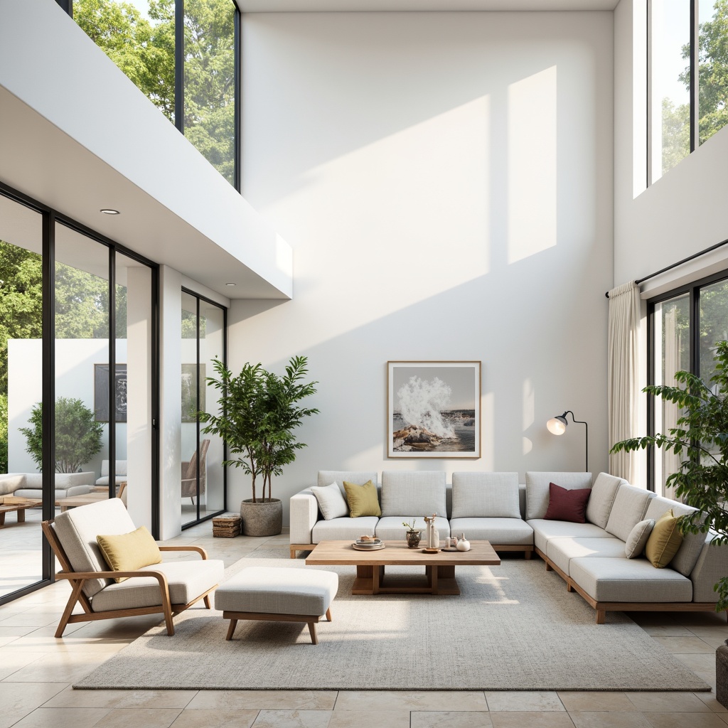 Prompt: Simple white walls, large windows, sliding glass doors, natural stone floors, minimal ornamentation, clean lines, monochromatic color scheme, abundant natural light, indirect sunlight, soft shadows, subtle textures, Nordic-inspired furniture, low-profile sofas, sleek coffee tables, potted greenery, airy atmosphere, calm ambiance, shallow depth of field, 1/1 composition, realistic rendering, ambient occlusion.