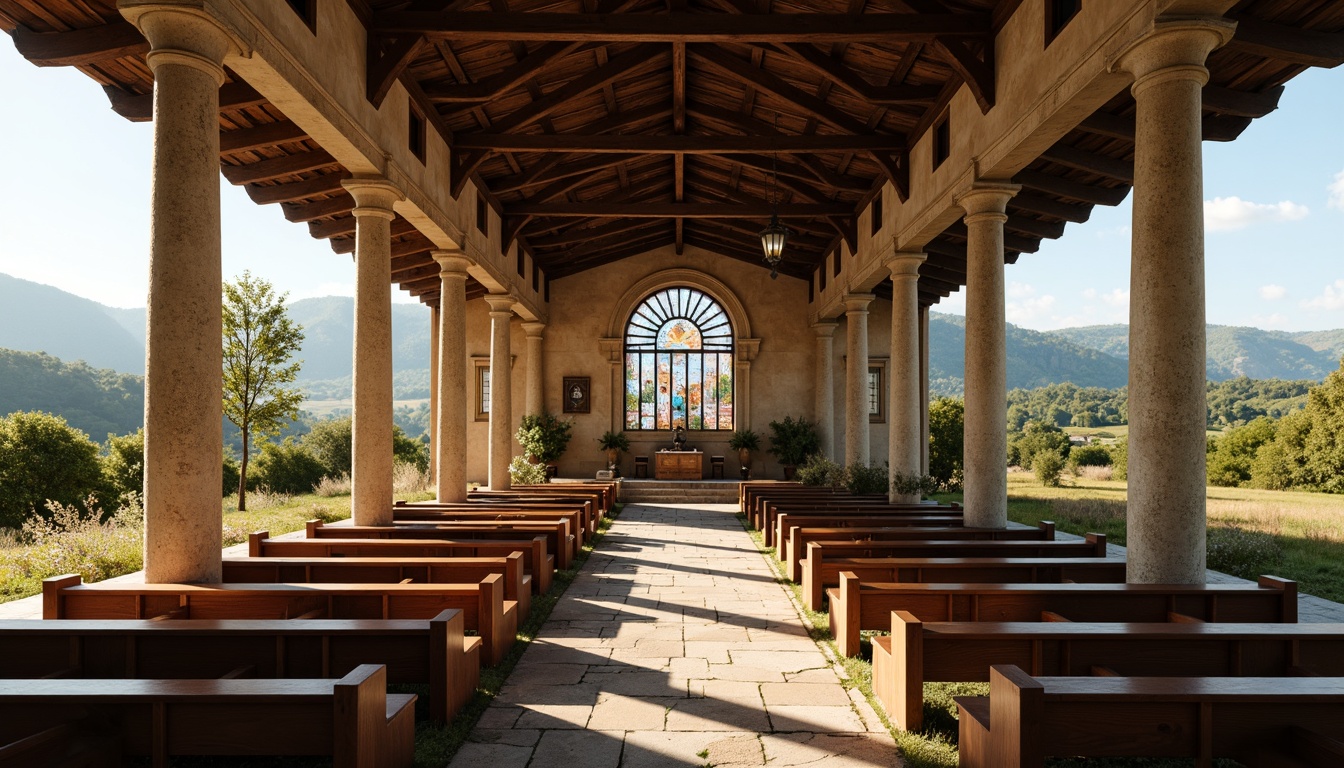 Prompt: Rustic rural church, neoclassical architecture, grand entrance, imposing columns, ornate capitals, symmetrical facade, arched windows, stained glass, wooden pews, vaulted ceiling, natural stone walls, earthy tones, serene countryside, rolling hills, lush greenery, sunny day, soft warm lighting, shallow depth of field, 3/4 composition, panoramic view, realistic textures, ambient occlusion.