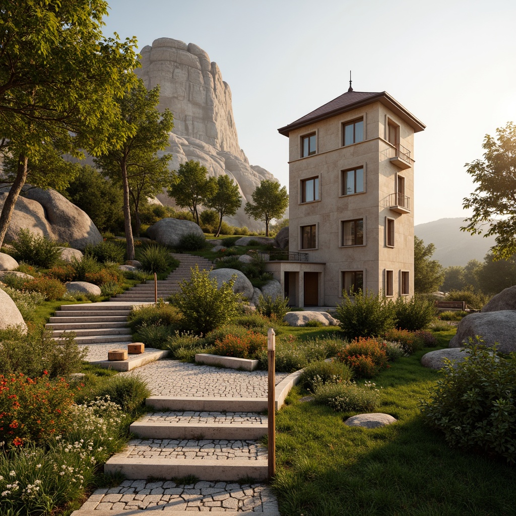 Prompt: Rustic sandstone watching tower, winding stone staircases, lush greenery, vibrant wildflowers, meandering gravel paths, natural rock formations, weathered wooden benches, scenic lookout points, panoramic views, warm golden lighting, soft focus, shallow depth of field, 2/3 composition, atmospheric mist, realistic textures, ambient occlusion.