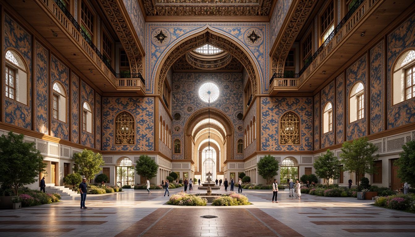 Prompt: Intricate geometric patterns, Islamic-inspired architecture, symmetrical facades, angular lines, vibrant colorful tiles, ornate metalwork, grand archways, majestic domes, intricate mosaics, luxurious marble floors, opulent chandeliers, dramatic lighting effects, shallow depth of field, 3/4 composition, panoramic view, realistic textures, ambient occlusion.