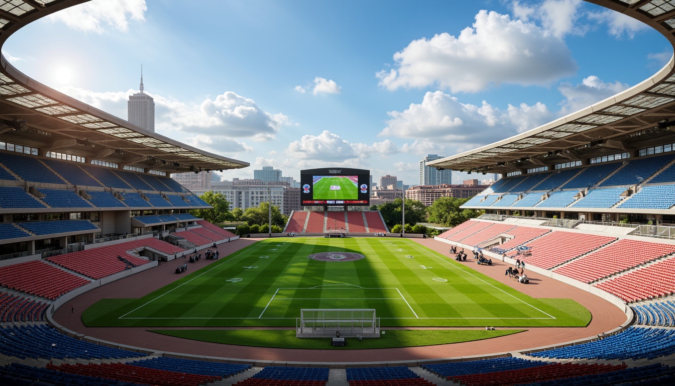 Prompt: Panoramic football stadium, lush green grass, vibrant team colors, tiered seating, floodlights, scoreboard displays, athletic tracks, natural stone fa\u00e7ades, modern architecture, curved lines, cantilevered roofs, open-air concourses, urban cityscape, sunny day, dramatic cloud formations, shallow depth of field, 3/4 composition, realistic textures, ambient occlusion.