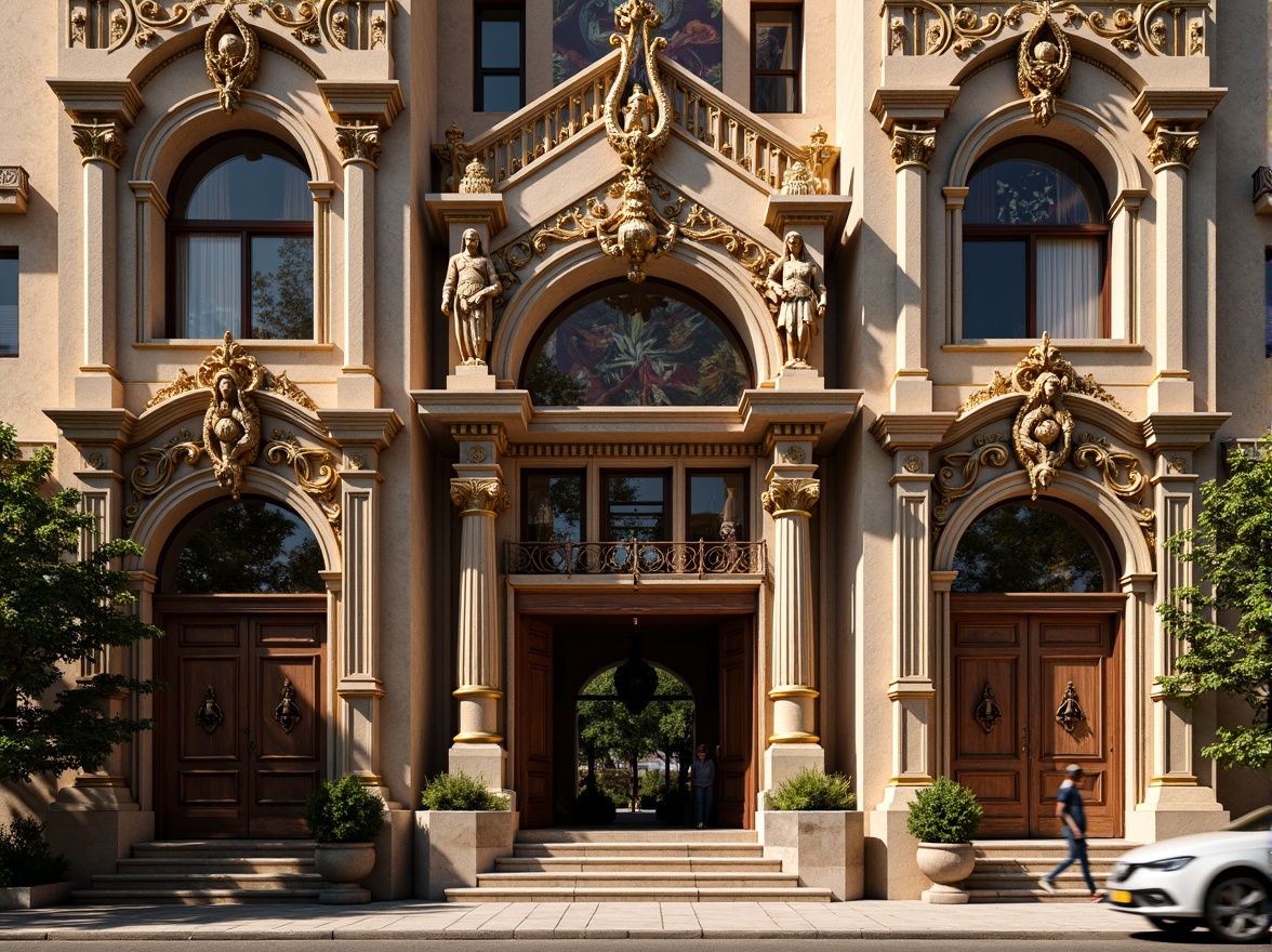 Prompt: Ornate church facade, intricately carved stone walls, gilded details, ornamental columns, grand entranceways, rusticated quoins, weathered limestone, aged bronze doors, stained glass windows, vibrant frescoes, decorative pediments, sculpted saints, lavish ornamentation, warm golden lighting, dramatic shadows, high contrast ratio, 1/2 composition, symmetrical framing, realistic normal maps.