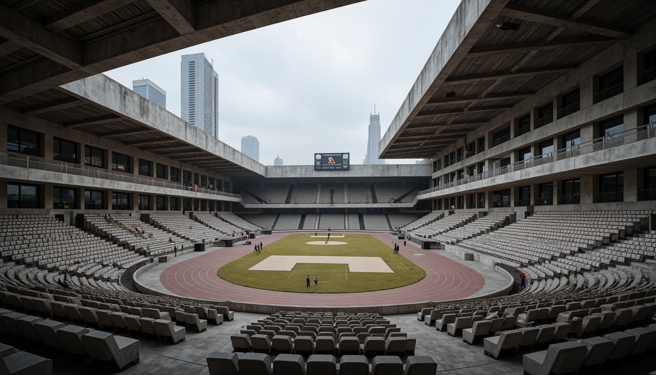 Prompt: Rugged concrete structures, brutalist architecture, grandstand seating, athletic tracks, sports facilities, industrial lighting, exposed ductwork, raw concrete walls, steel beams, minimalist decor, functional design, open spaces, natural ventilation, dramatic shadows, high ceilings, cantilevered balconies, urban landscape views, overcast skies, moody atmospheric lighting, 1/1 composition, symmetrical framing, realistic textures, ambient occlusion.