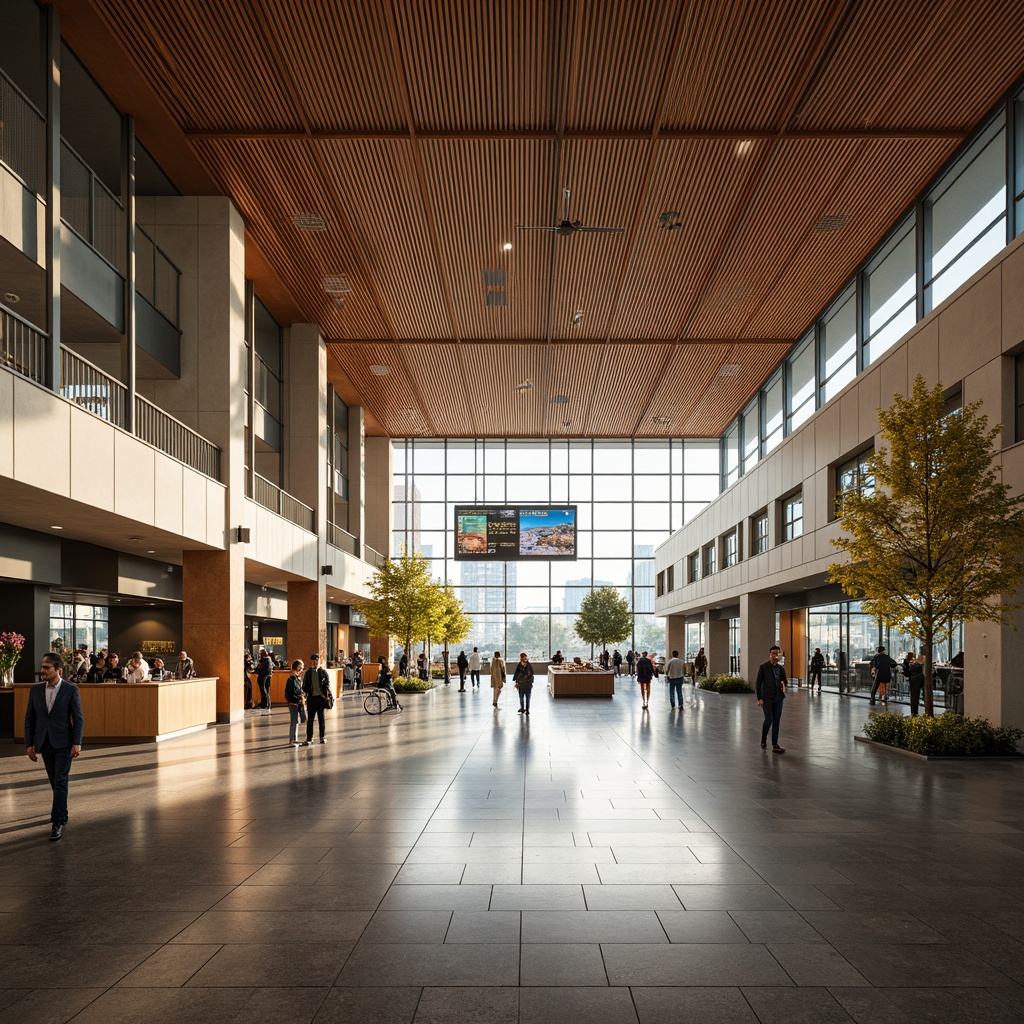 Prompt: Vibrant airport terminal, regional cultural influences, warm earthy tones, natural stone accents, wooden textures, subtle metallic sheens, airy open spaces, abundant natural light, modern minimalist architecture, sleek glass facades, dynamic LED lighting, bustling atmosphere, diverse passenger demographics, global connectivity, 1/2 composition, shallow depth of field, realistic reflections.