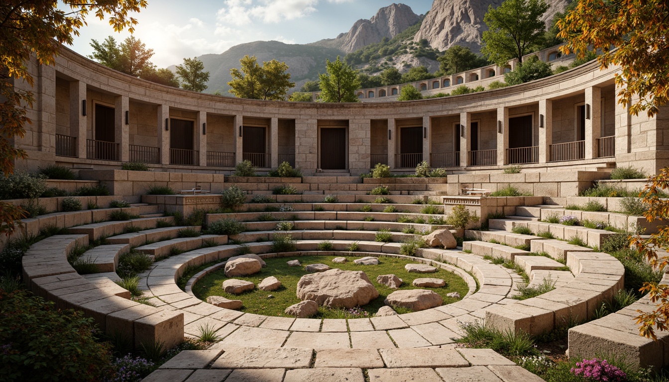 Prompt: Ancient Greek amphitheater, rustic stone seating, weathered wooden benches, natural rock formations, lush greenery, vibrant flowers, ornate marble columns, intricate mosaics, warm golden lighting, soft shadows, shallow depth of field, 3/4 composition, panoramic view, realistic textures, ambient occlusion, curved architecture, grandiose scale, dramatic acoustics, rustic metal railings, earthy color palette.