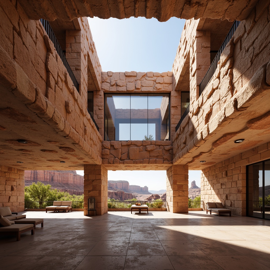 Prompt: Canyon-inspired building, rugged stone fa\u00e7ade, earthy tones, natural light pouring in, large windows, clerestory windows, skylights, open floor plans, minimalist interior design, industrial-style lighting fixtures, exposed ductwork, polished concrete floors, wooden accents, desert landscape views, red rock formations, vast open spaces, warm sunny day, soft diffused lighting, high contrast ratio, 1/1 composition, realistic textures, ambient occlusion.