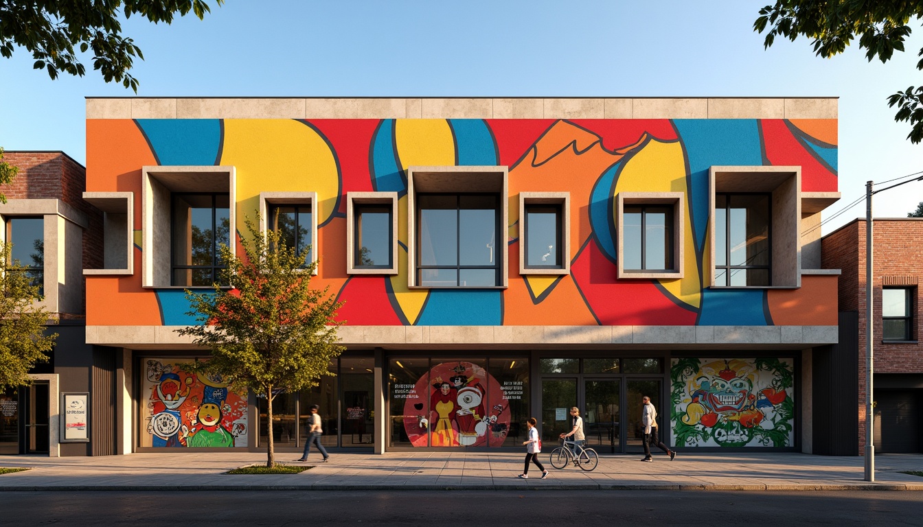 Prompt: Vibrant community center, expressionist facade design, bold geometric shapes, bright primary colors, irregular forms, abstract patterns, dynamic textures, rough concrete walls, angular metal frames, oversized windows, asymmetrical composition, dramatic shadows, warm golden lighting, shallow depth of field, 1/1 composition, realistic materials, ambient occlusion, urban cityscape, bustling streets, pedestrian traffic, street art murals, eclectic neighborhood vibe.