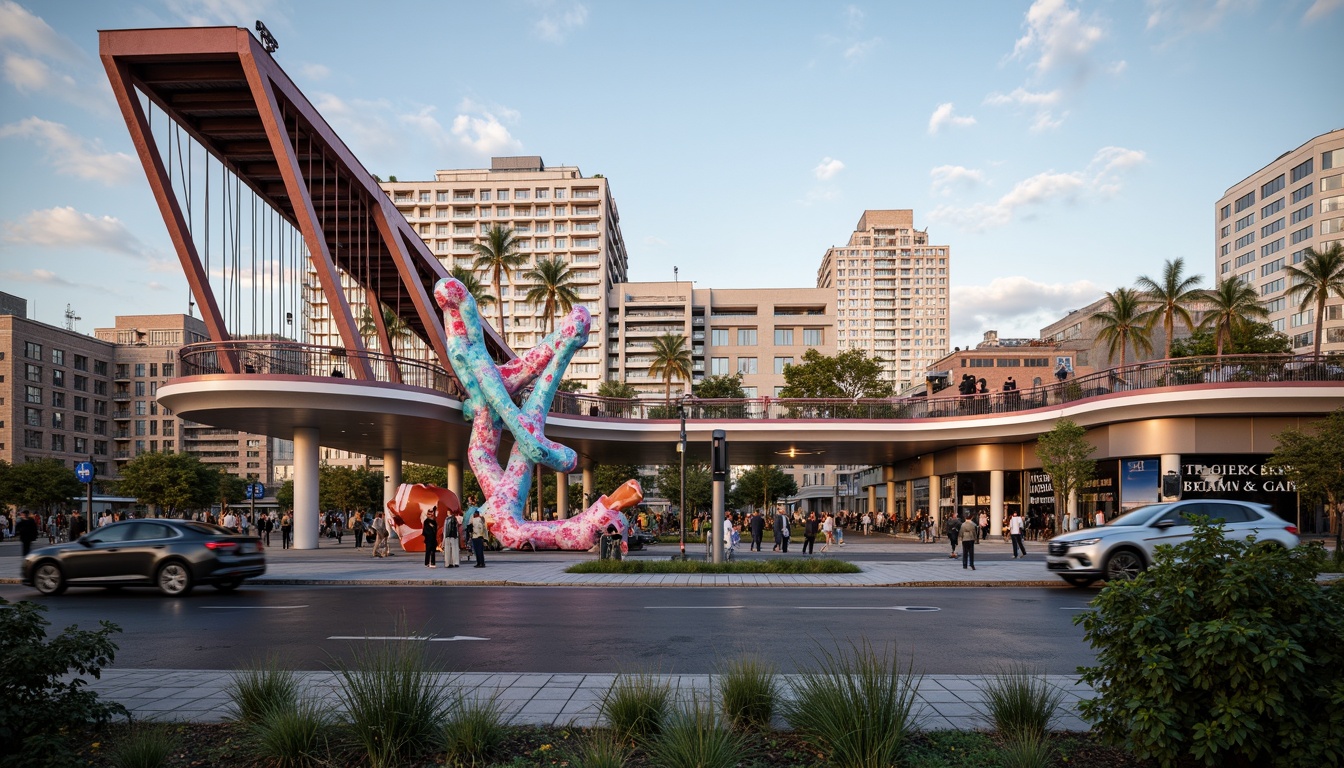 Prompt: Curved pedestrian bridge, irregular shapes, fragmented forms, bold color schemes, playful textures, abstract sculptures, urban landscape, city skyline, bustling streets, vibrant street art, eclectic mix of materials, exposed steel beams, cable-stayed systems, cantilevered sections, dynamic lighting effects, warm evening ambiance, shallow depth of field, 1/2 composition, dramatic shadows, high-contrast colors, intricate details, realistic reflections.