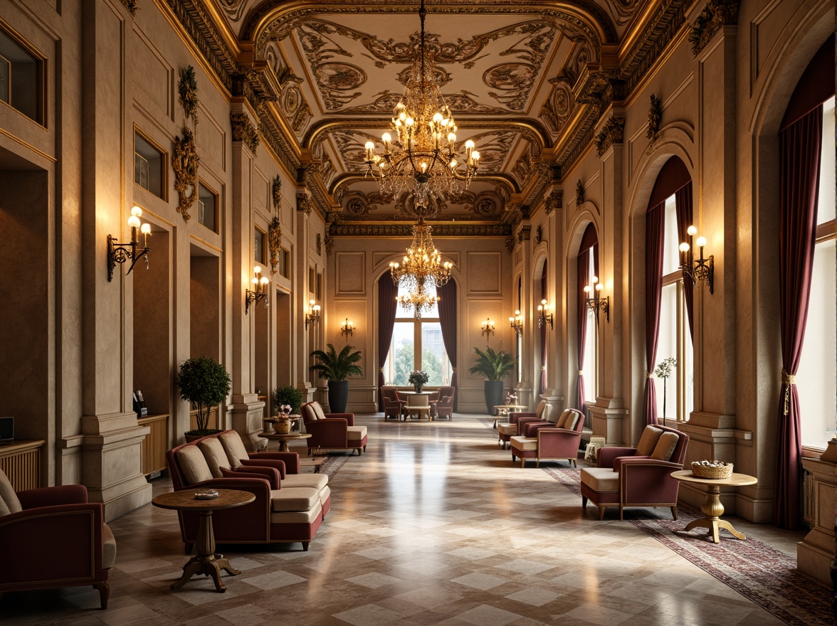 Prompt: Grandiose Baroque palace, beige stone fa\u00e7ade, ornate golden details, intricate marble patterns, lavish furnishings, opulent chandeliers, rich velvet drapes, warm candlelight, soft focus, shallow depth of field, 1/2 composition, symmetrical framing, dramatic lighting, realistic textures, ambient occlusion.