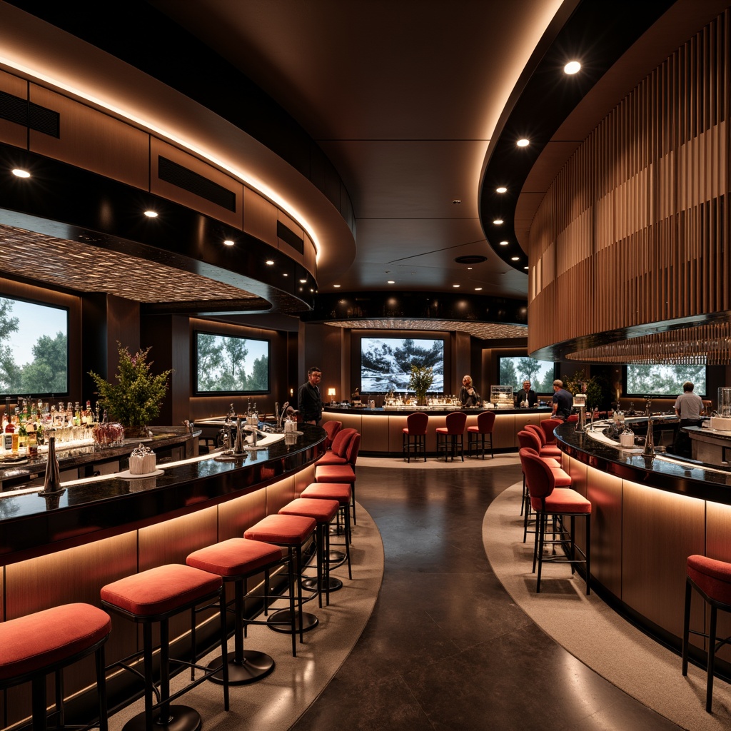 Prompt: Sleek bar interior, curved lines, streamlined modern design, polished chrome accents, luxurious velvet upholstery, ambient LED lighting, rich wood tones, minimalist decor, geometric patterns, metallic sheen, sophisticated color palette, high-gloss finishes, futuristic ambiance, 1/1 composition, shallow depth of field, soft focus effect, cinematic lighting.