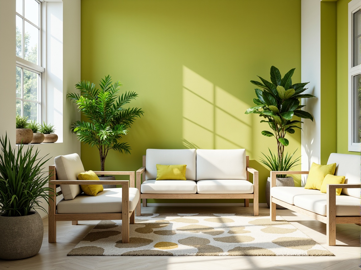 Prompt: Vibrant lime green accents, pastel yellow hues, soft mint undertones, creamy white walls, natural wood textures, modern minimalist furniture, sleek metal frames, geometric patterned rugs, abundant tropical plants, warm sunny day, shallow depth of field, 1/1 composition, realistic reflections, ambient occlusion.