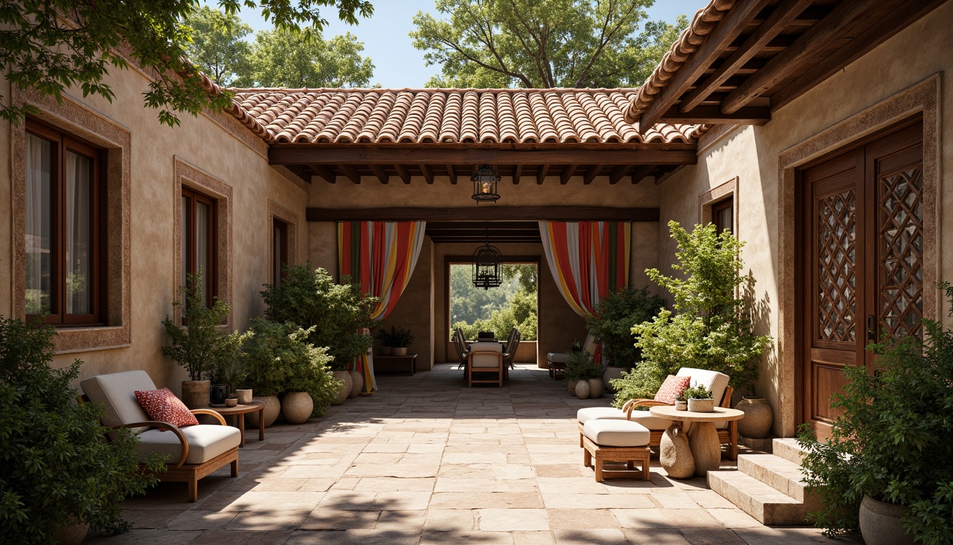 Prompt: Rustic village setting, earthy tones, natural stone walls, wooden beams, clay tile roofs, ornate doorways, intricate carvings, vibrant textiles, colorful ceramics, lush greenery, blooming flowers, rustic lanterns, warm soft lighting, shallow depth of field, 1/1 composition, realistic textures, ambient occlusion.