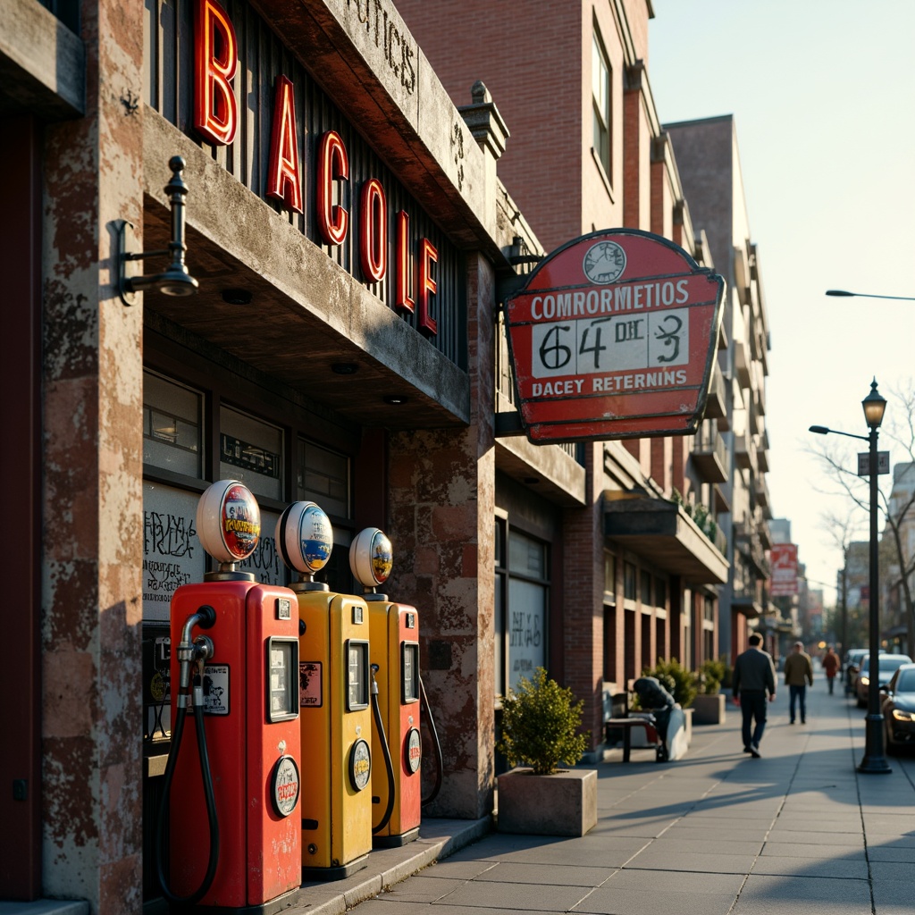 Prompt: Retro-style gas pumps, eclectic architecture, bold color schemes, vintage signage, distressed textures, rusty metal accents, reclaimed wood elements, industrial lighting fixtures, urban cityscape, busy streets, morning sunlight, shallow depth of field, 1/2 composition, realistic reflections, ambient occlusion, neon signs, nostalgic typography, ornate details, Art Deco influences, steampunk inspirations.